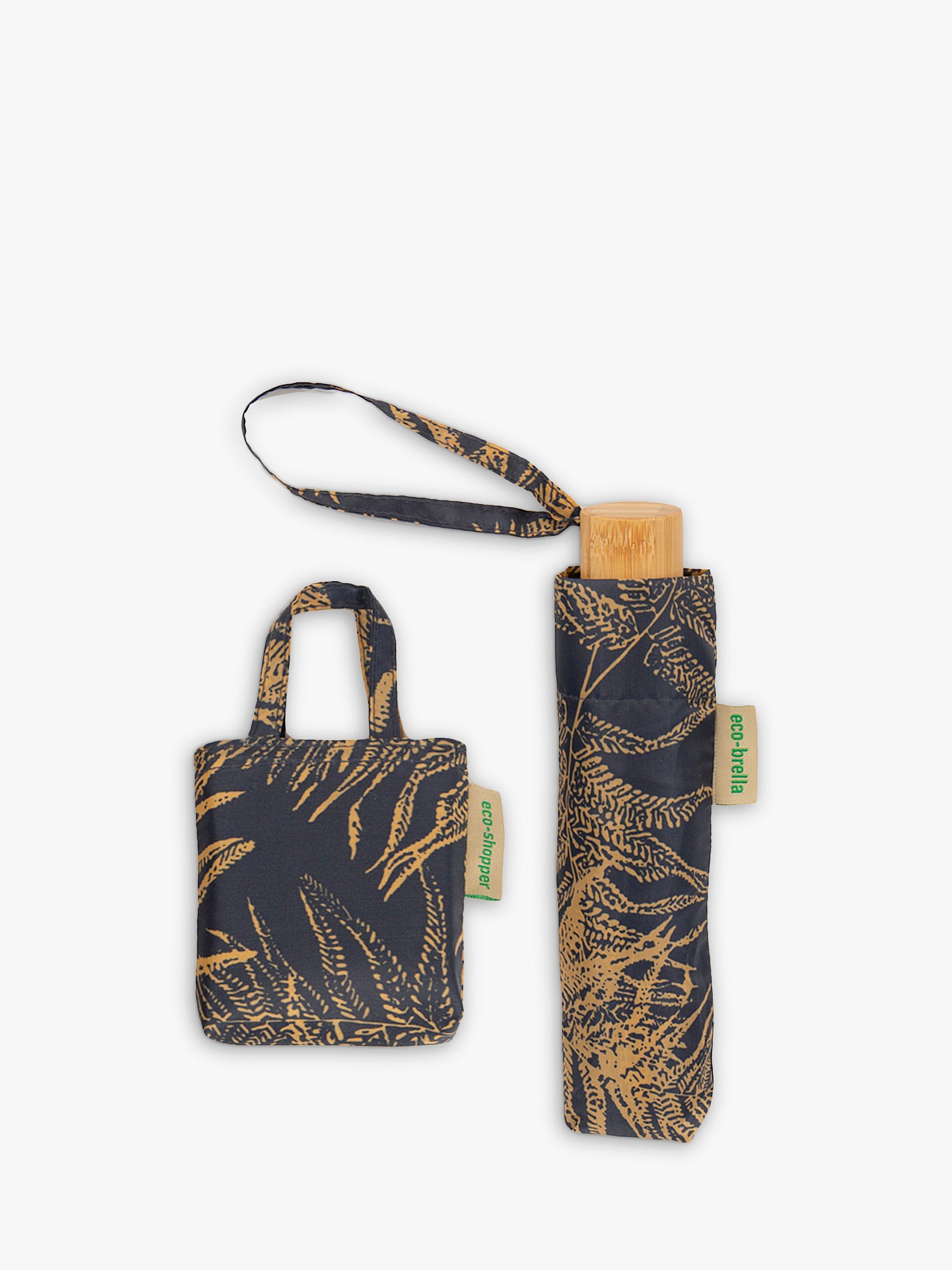 totes ECO Fern Leaves Umbrella And Matching Folding Shopping Bag, Orange/Black