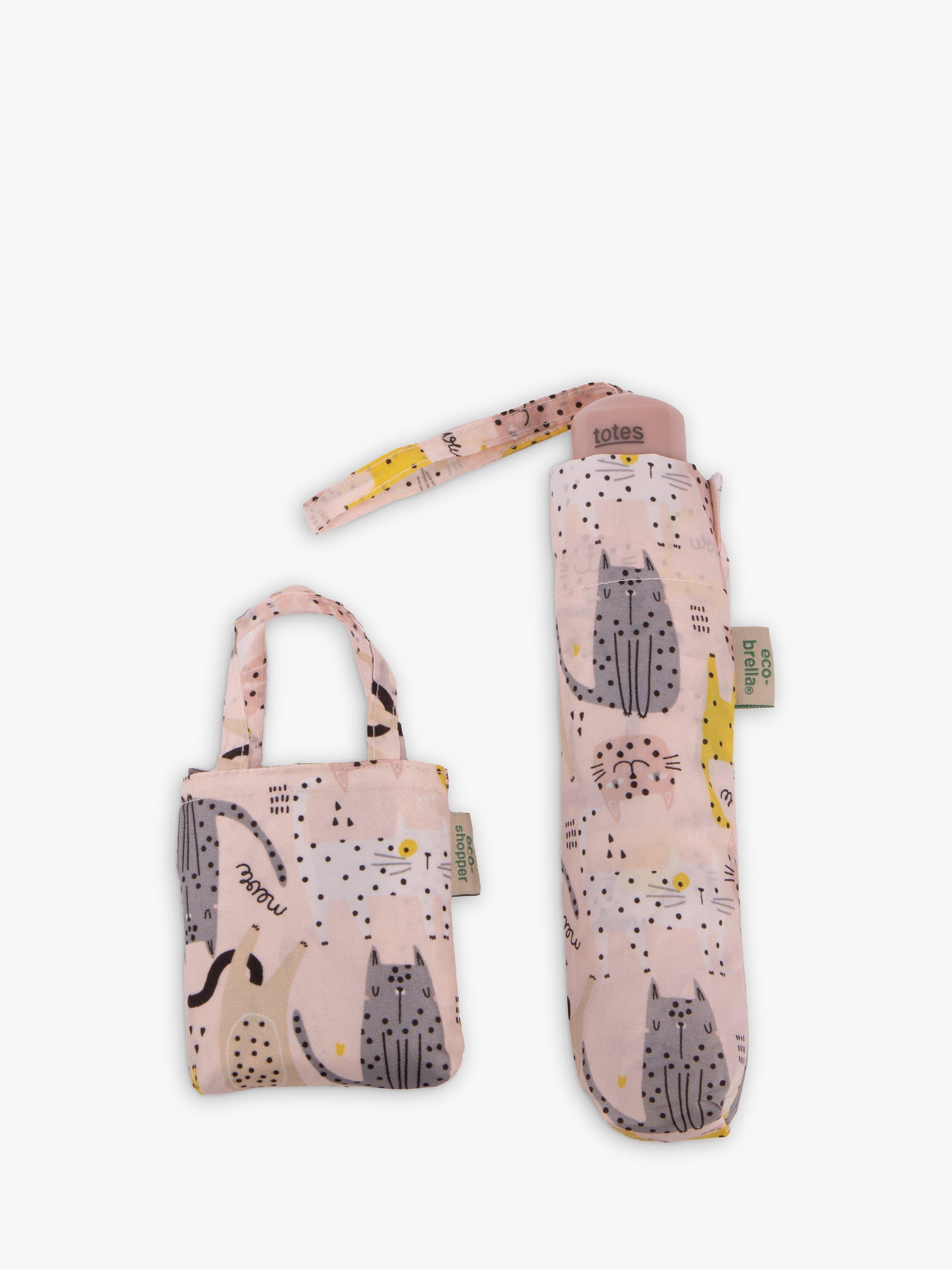 totes ECO Dotty Cats Umbrella And Matching Folding Shopping Bag, Pink/Multi