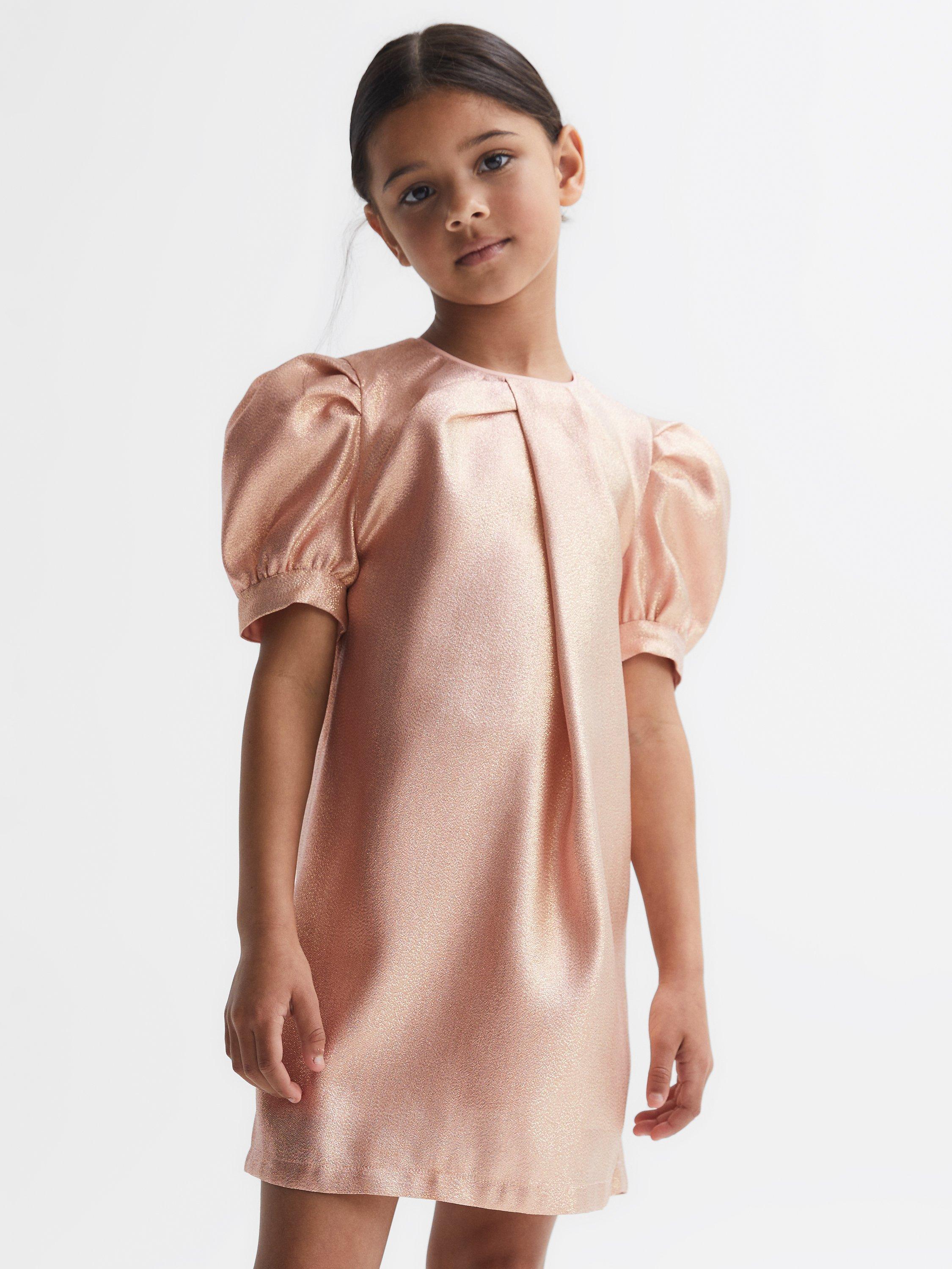 Reiss Kids' Lexi Puff Sleeve Metallic Party Dress, Pink