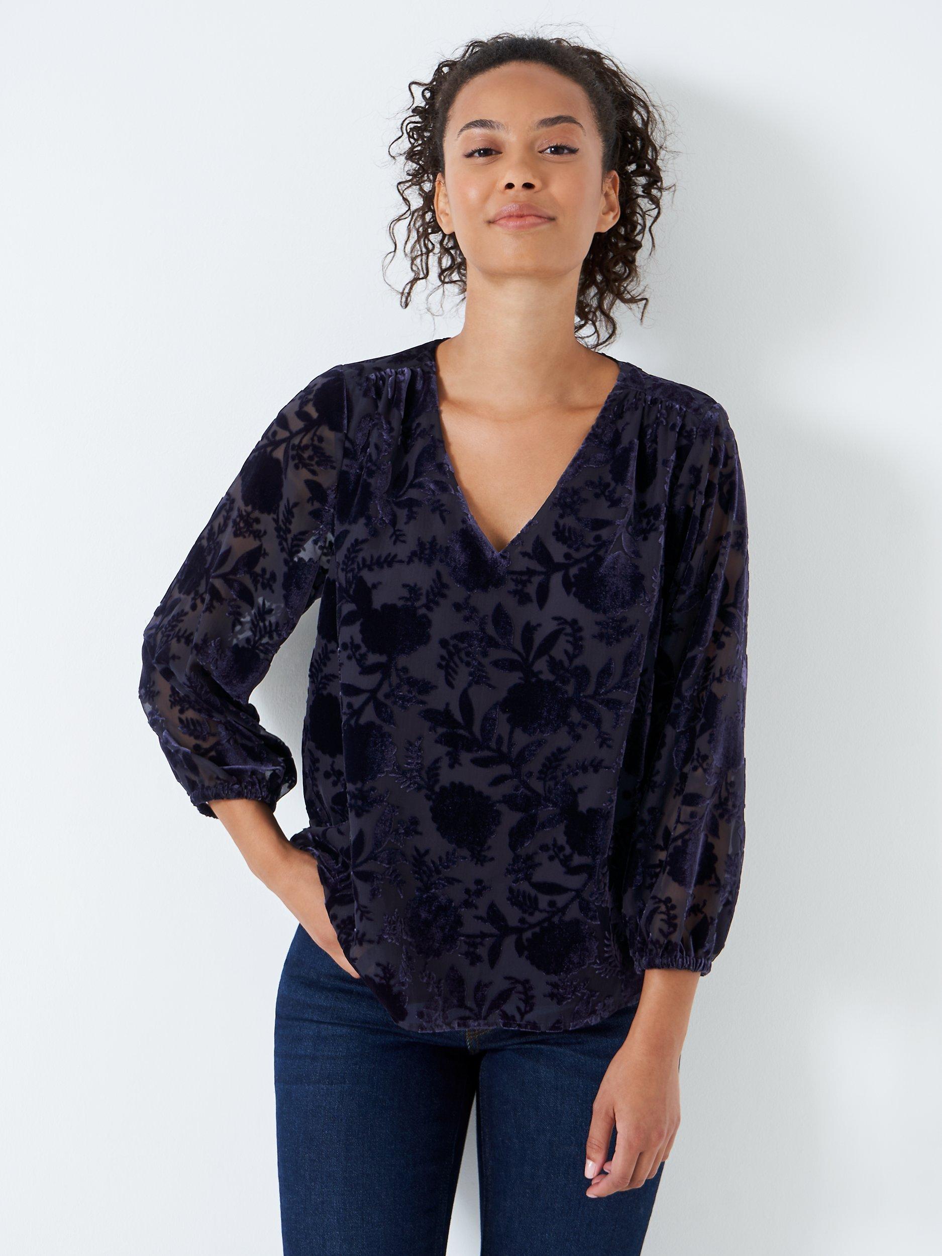 Crew Clothing Dorothy Velvet Floral Top, Navy