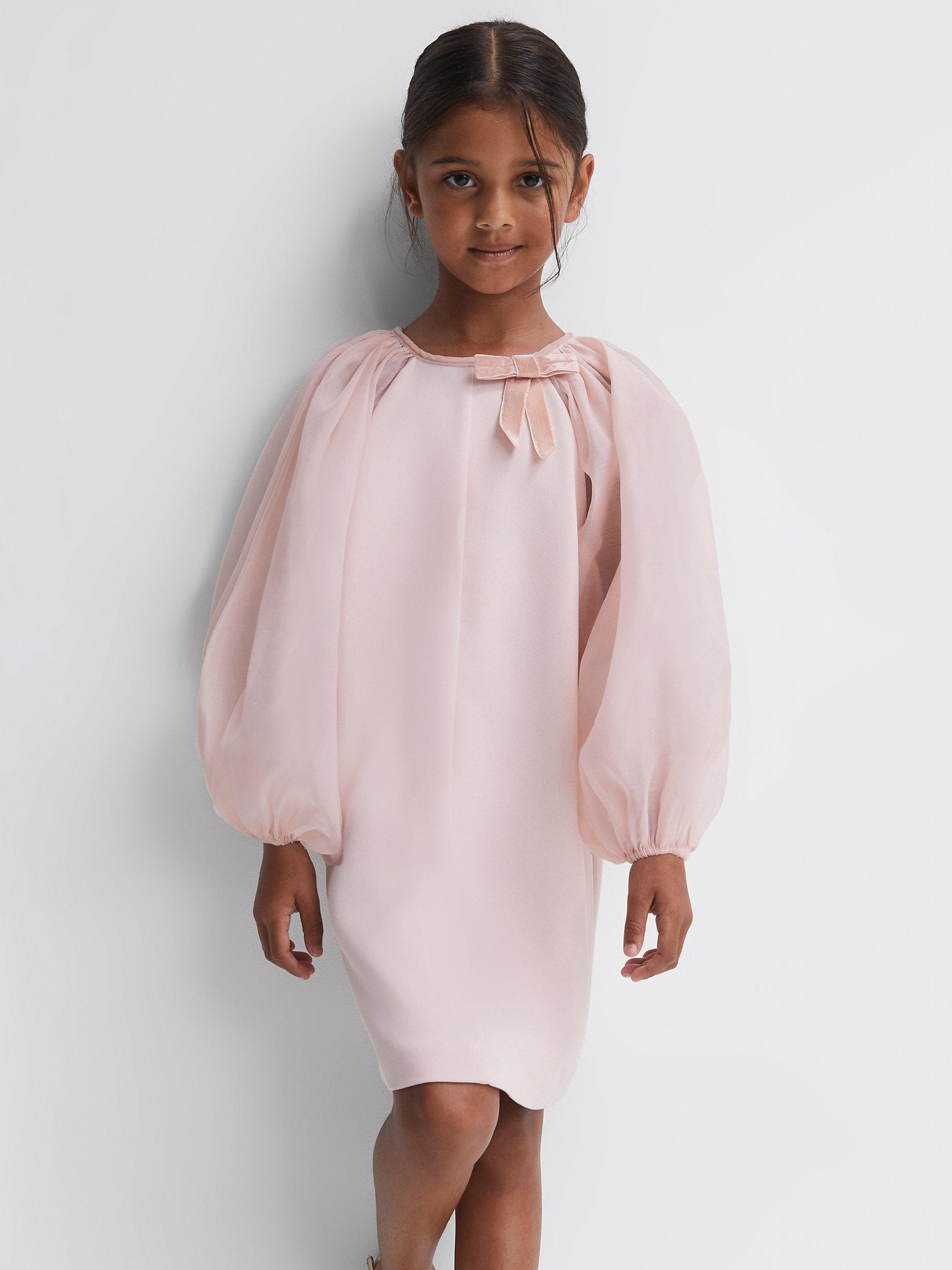Reiss Kids' Lauren Organza Velvet Bow Dress, Pink