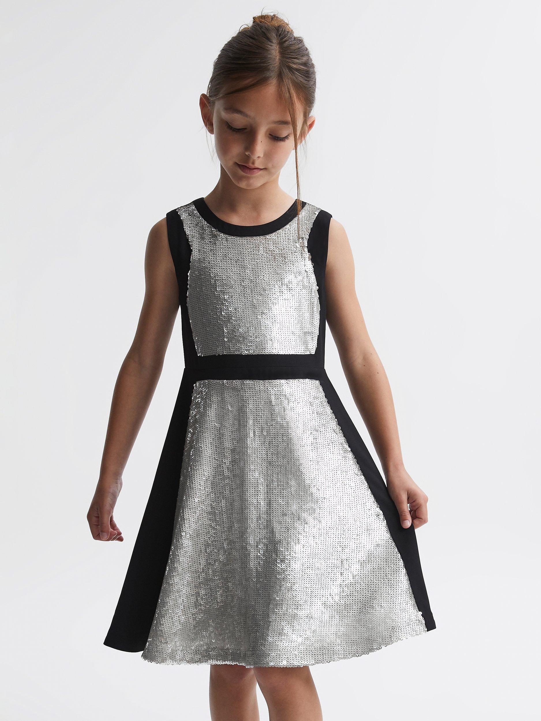 Reiss Kids' Libra Sequin Block Dress, Black/Multi