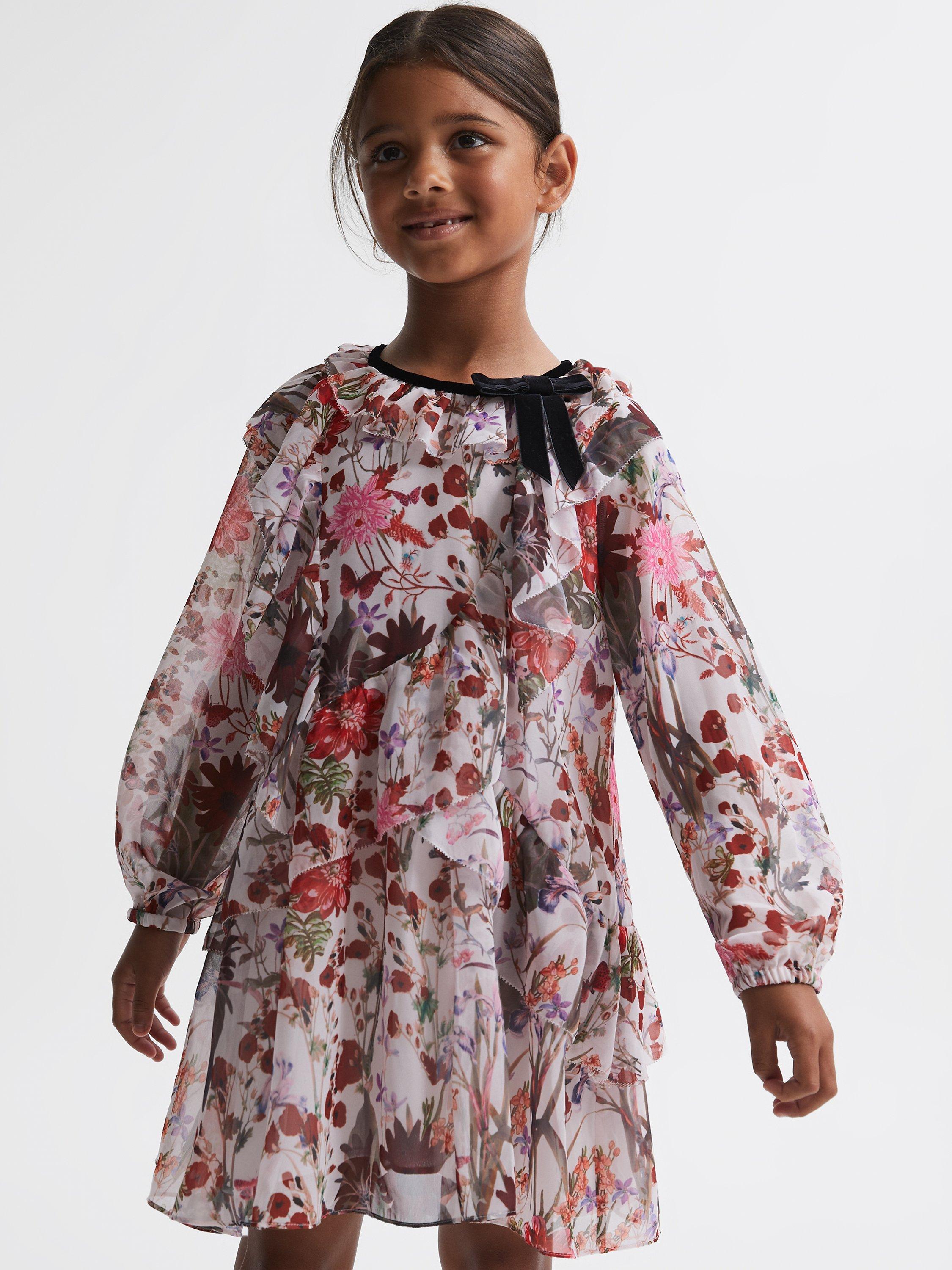 Reiss Kids' Yara Floral Print Bow Detail Frill Dress, Multi