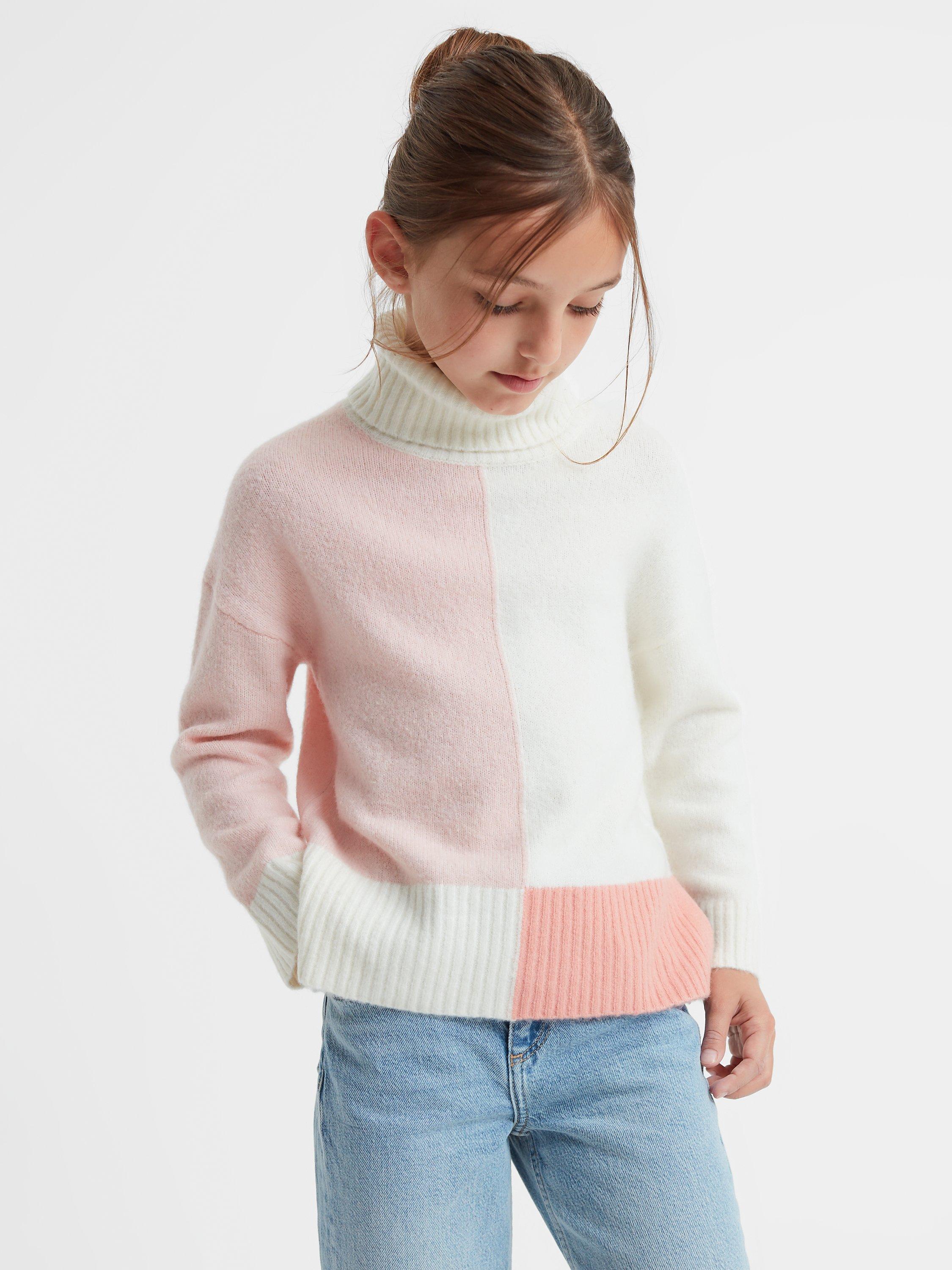 Reiss Kids' Gio Colour Block Knit Jumper, Ivory/Pink