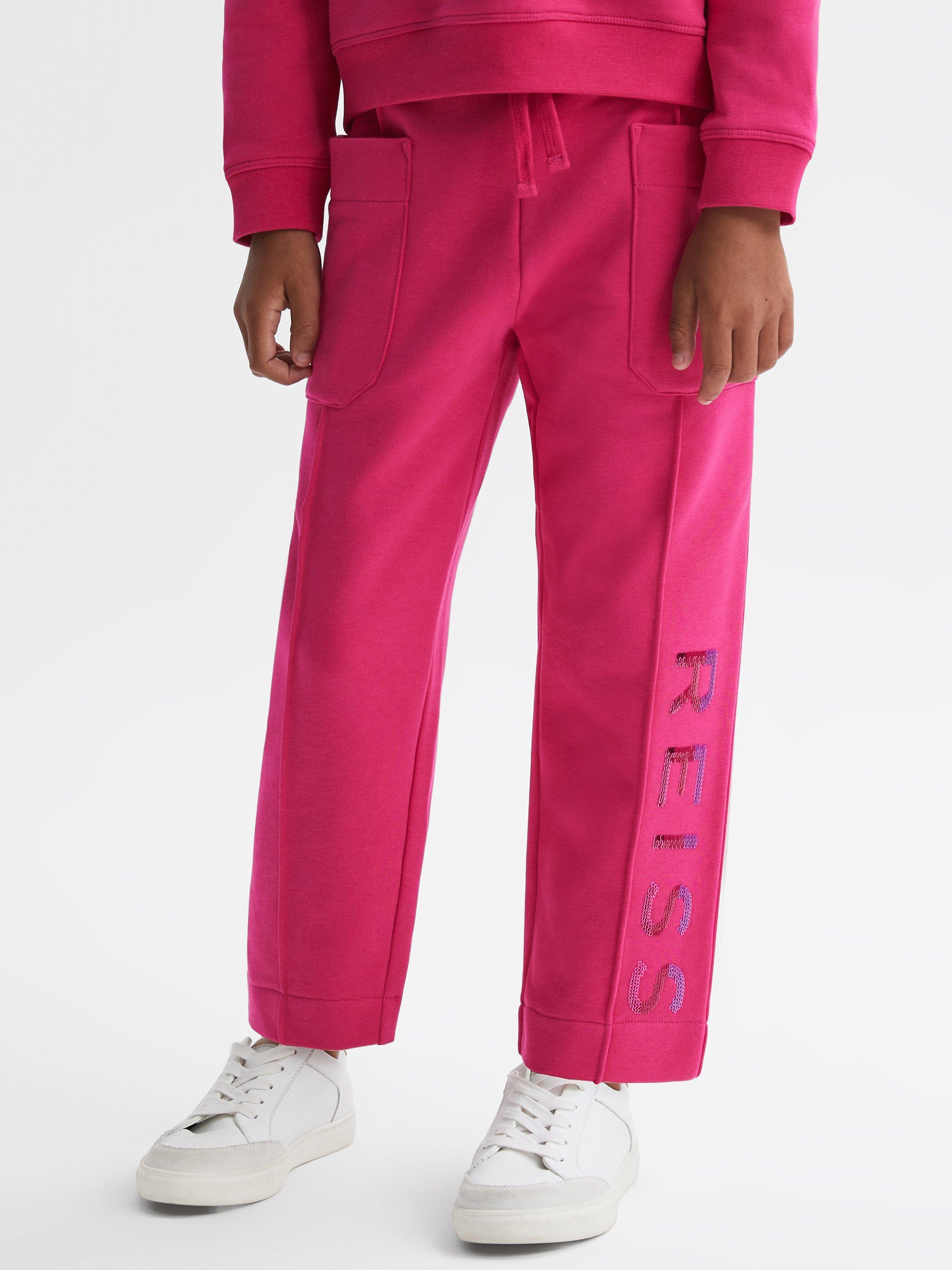 Reiss Kids' Mina Logo Drawstring Front Seam Joggers, Bright Pink