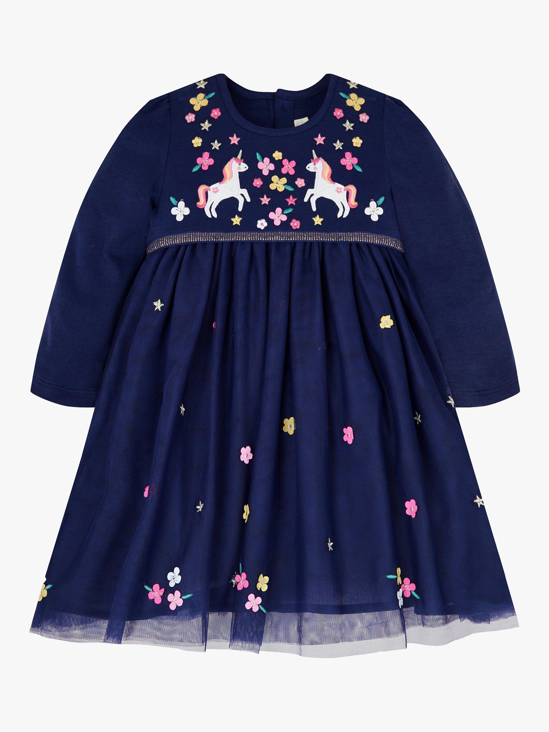 JoJo Maman Bébé Baby Unicorn Embriodered Party Dress, Navy