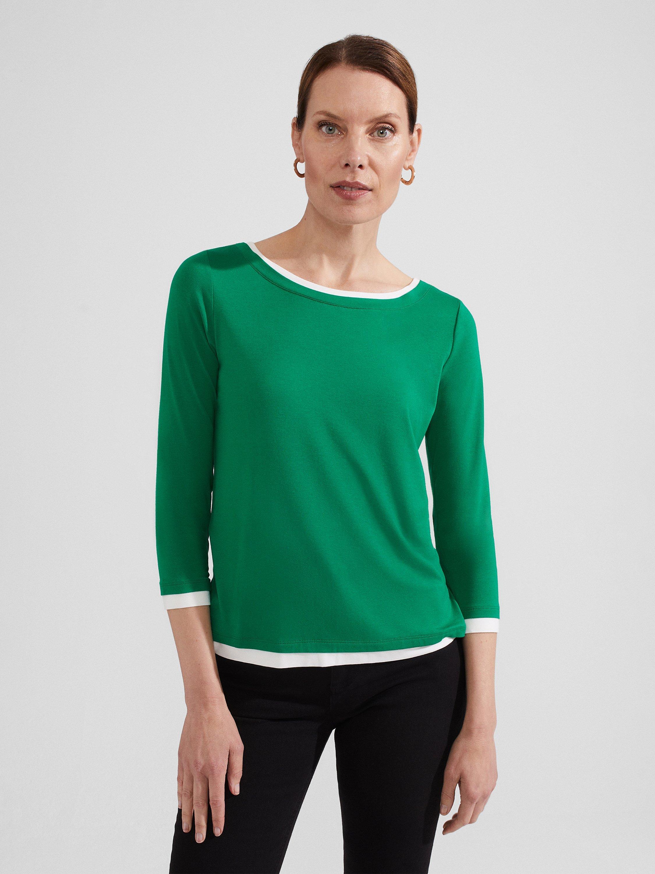 Hobbs Delaney Contrast Trim Top, Green/Ivory