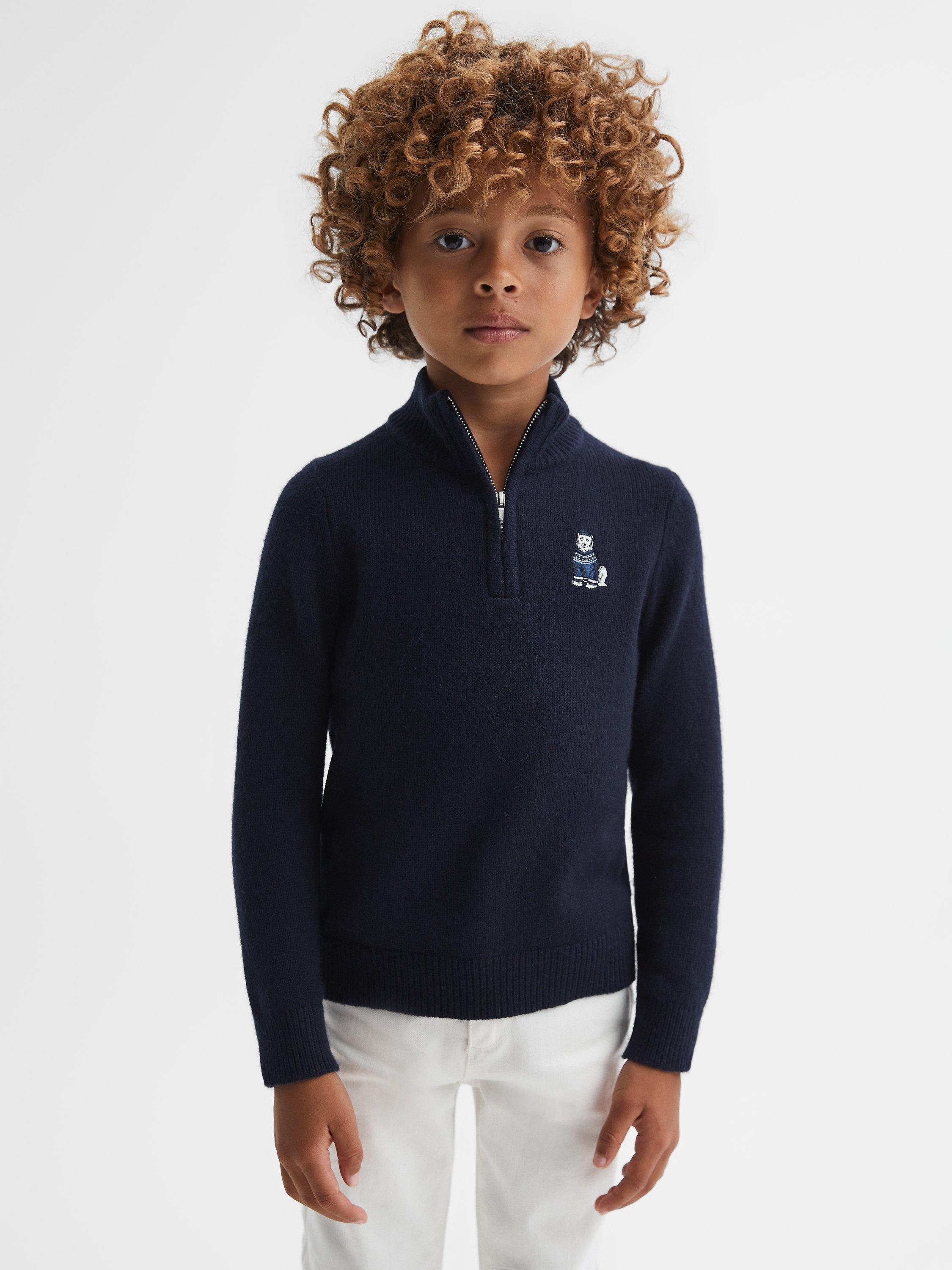 Reiss Kids' Hubert Polar Bear Motif Half Zip Funnel Neck Jumper, Navy