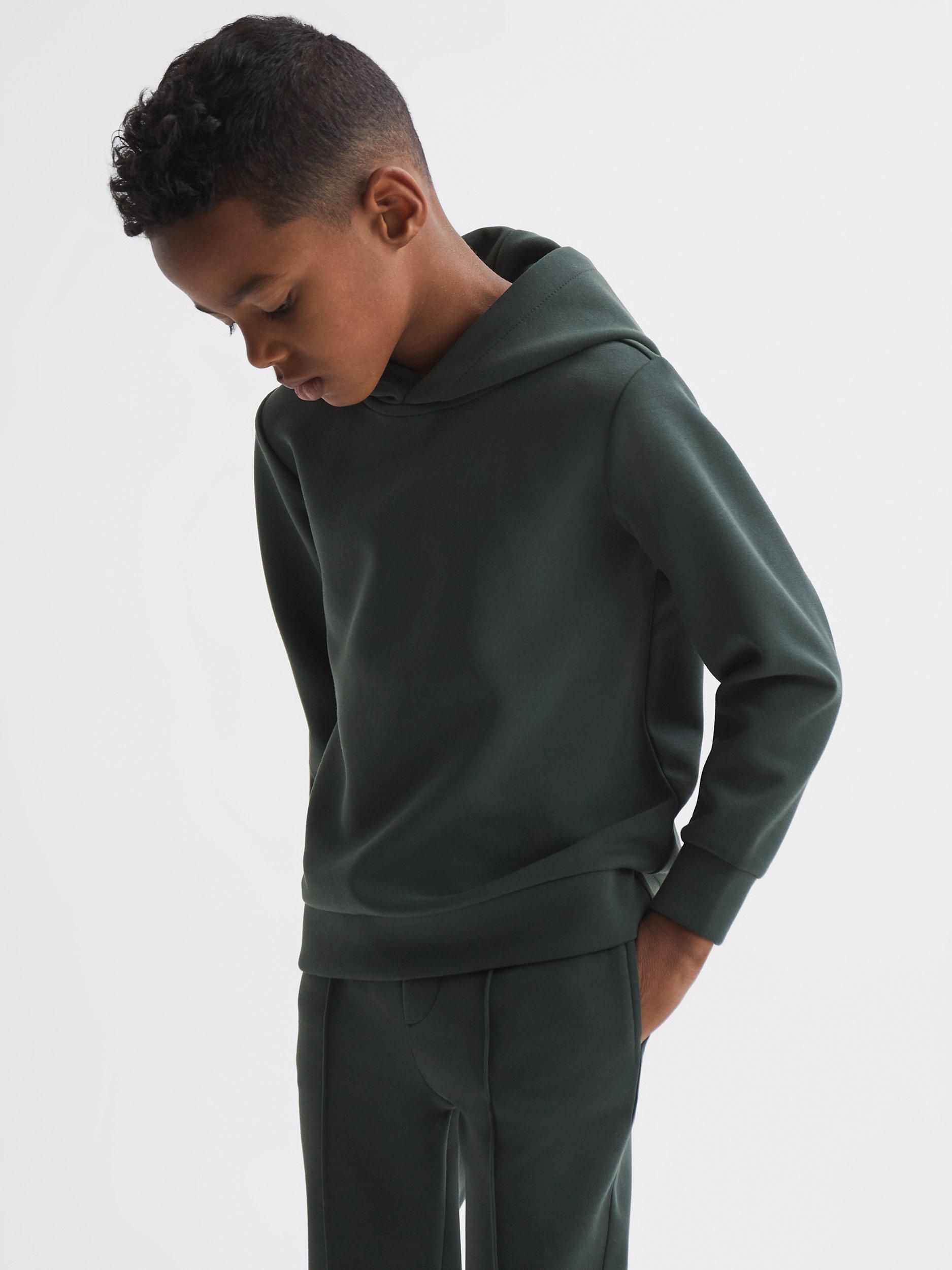 Reiss Kids' Fabien Interlock Hoodie, Forest Green