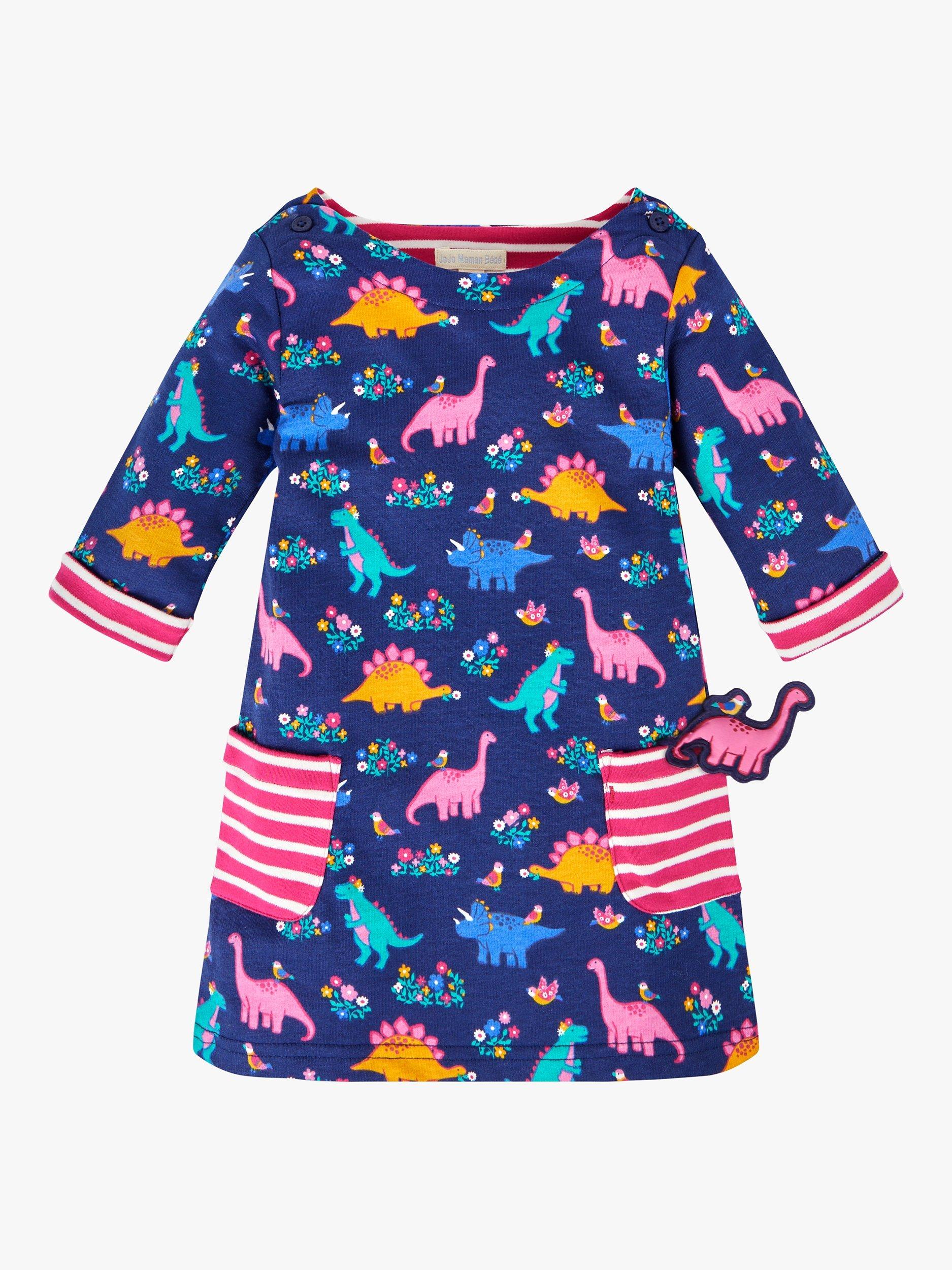JoJo Maman Bébé Kids' Dino & Bird Print A-Line Dress, Navy