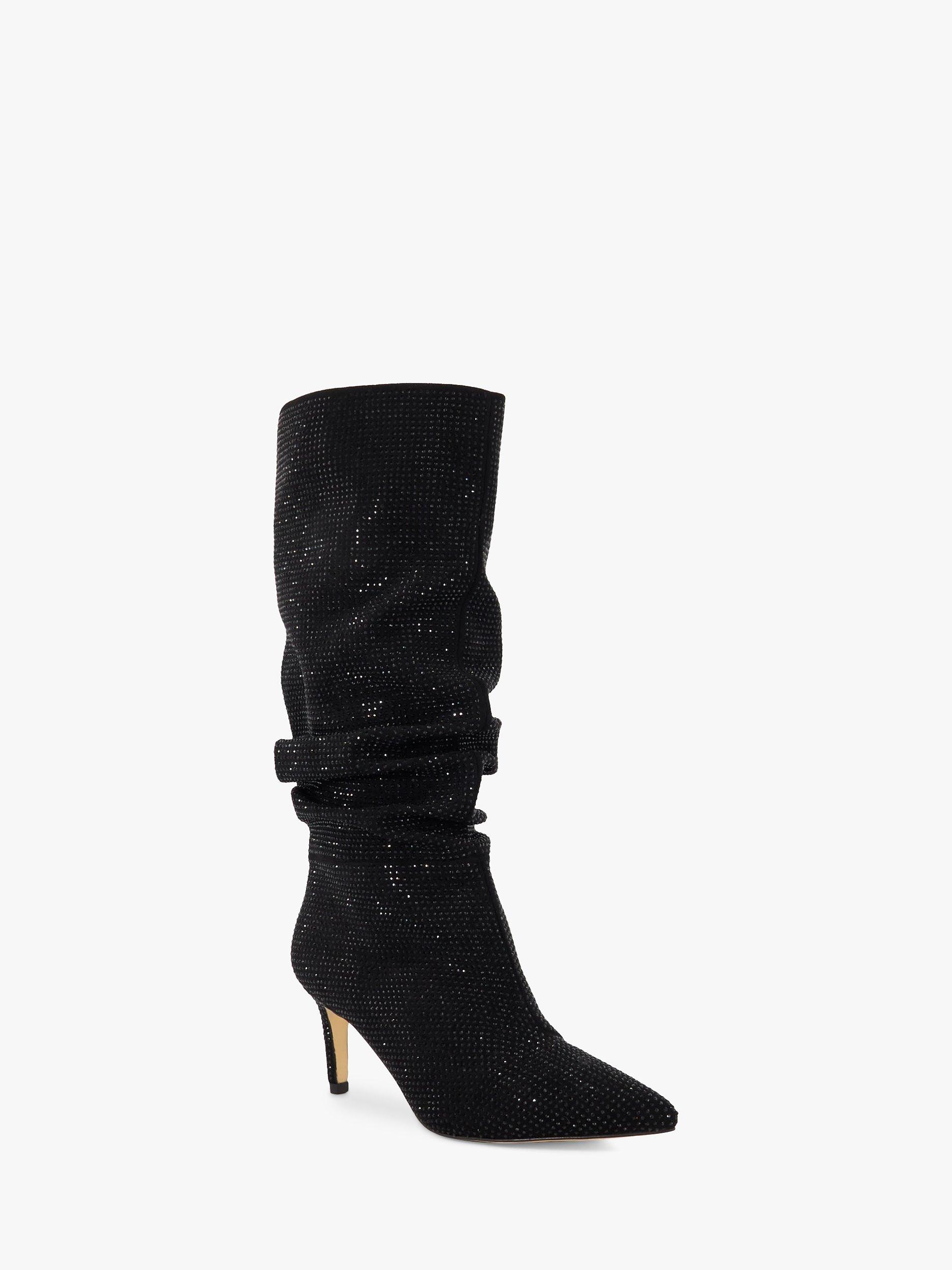 Dune Slouch Embellished Mid Heel Calf Boots, Black, 7