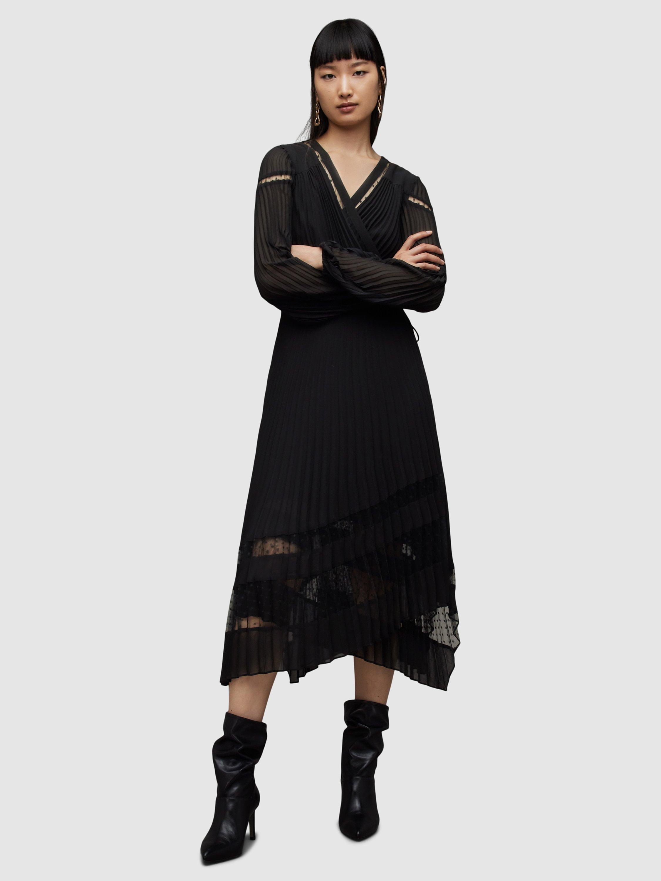 AllSaints Sabrina Asymmetric Hem Midi Dress, Black