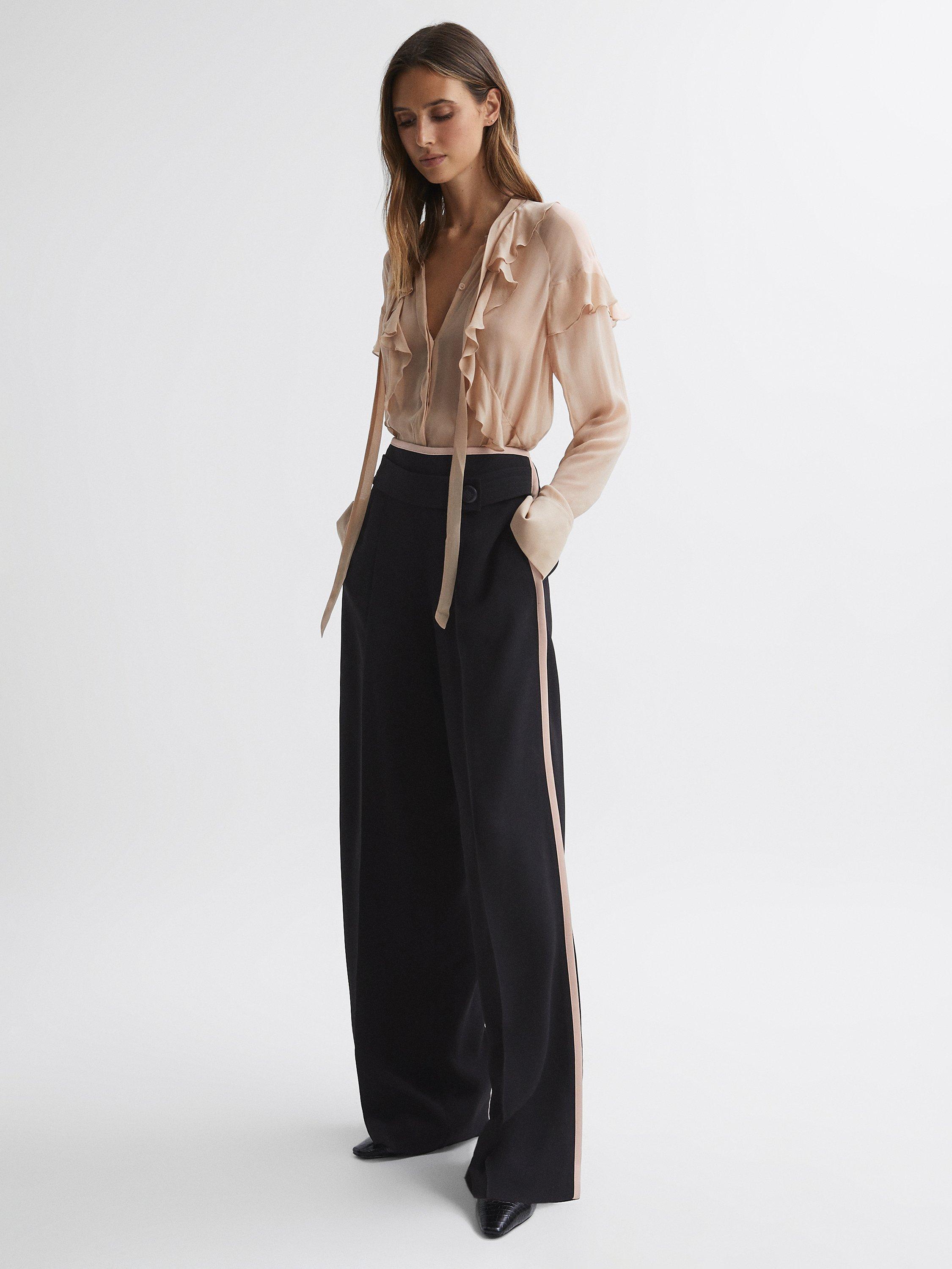 Reiss Lina Button Detail Wide Leg Trousers, Black/Pink