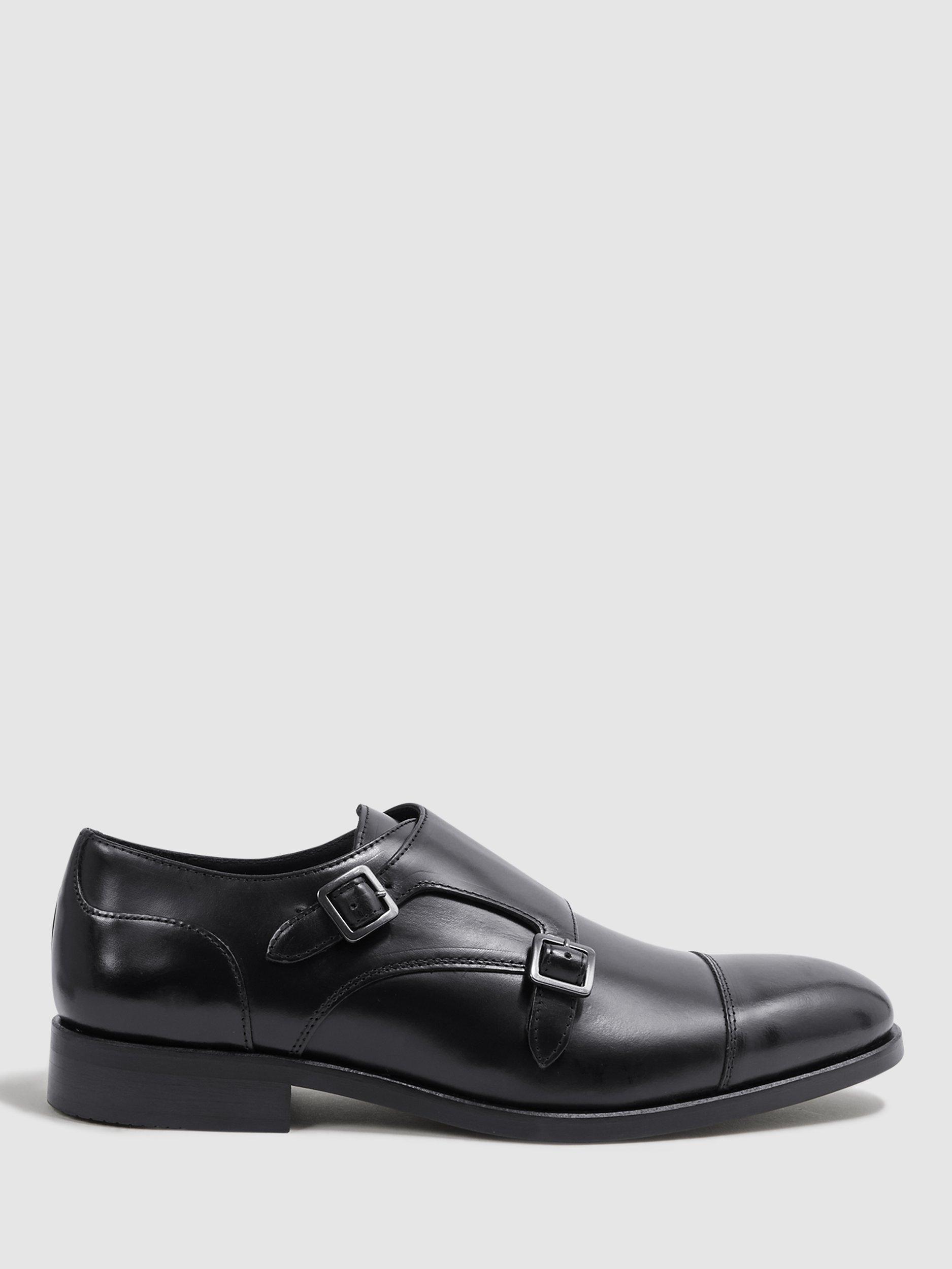 Reiss Rivington Double Monk Shoes, Black/Gunmetal