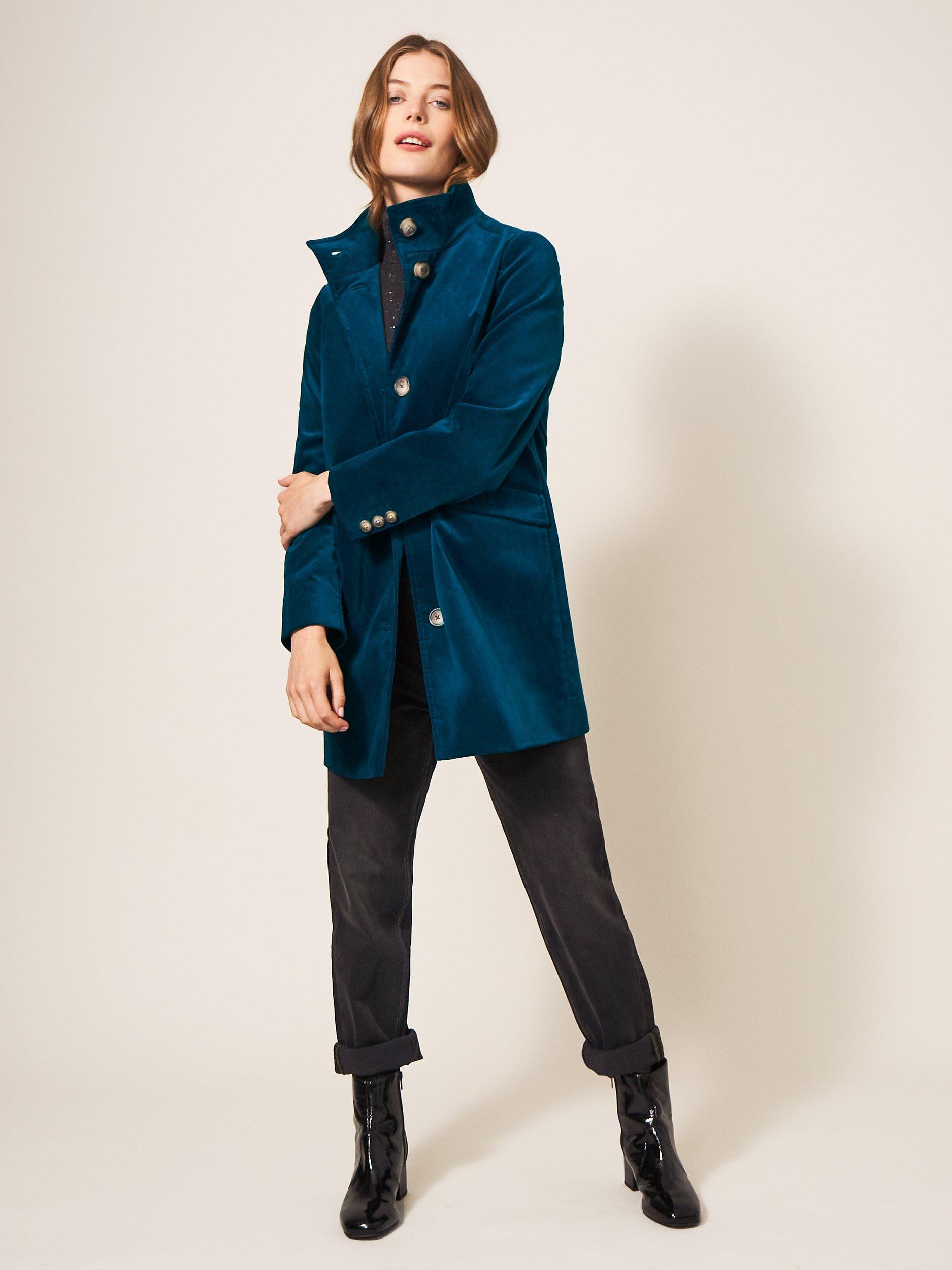 White Stuff Karla Single Breasted Velvet Coat, Dark Teal
