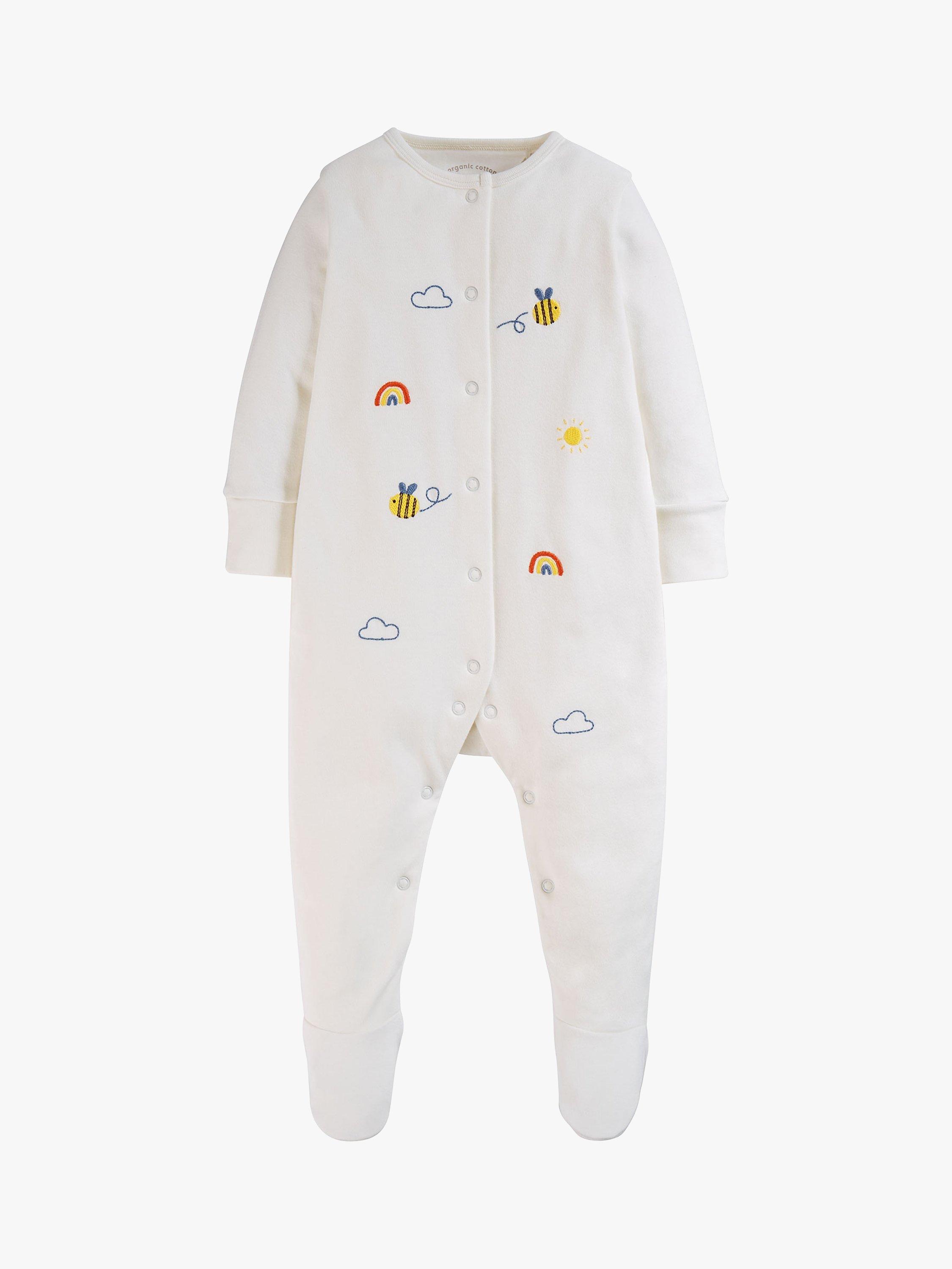 Product image 1 of 6, which shows Frugi Baby Buzzy Bee Organic Cotton Embroidered Babygrow, White/Multi, 12-18 months