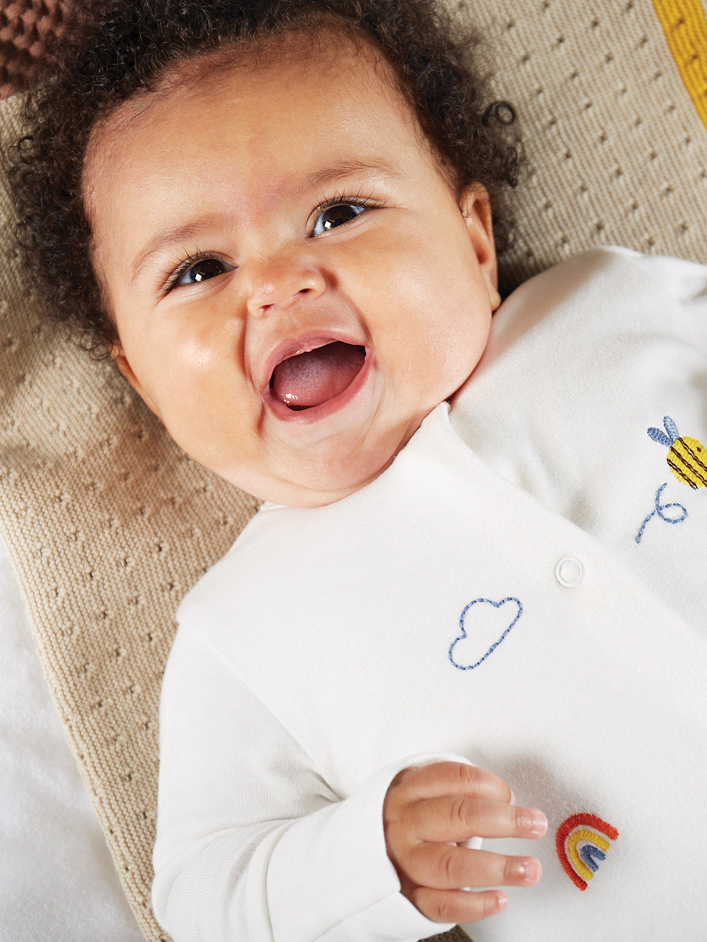 Product image 2 of 6, which shows Frugi Baby Buzzy Bee Organic Cotton Embroidered Babygrow, White/Multi, 12-18 months