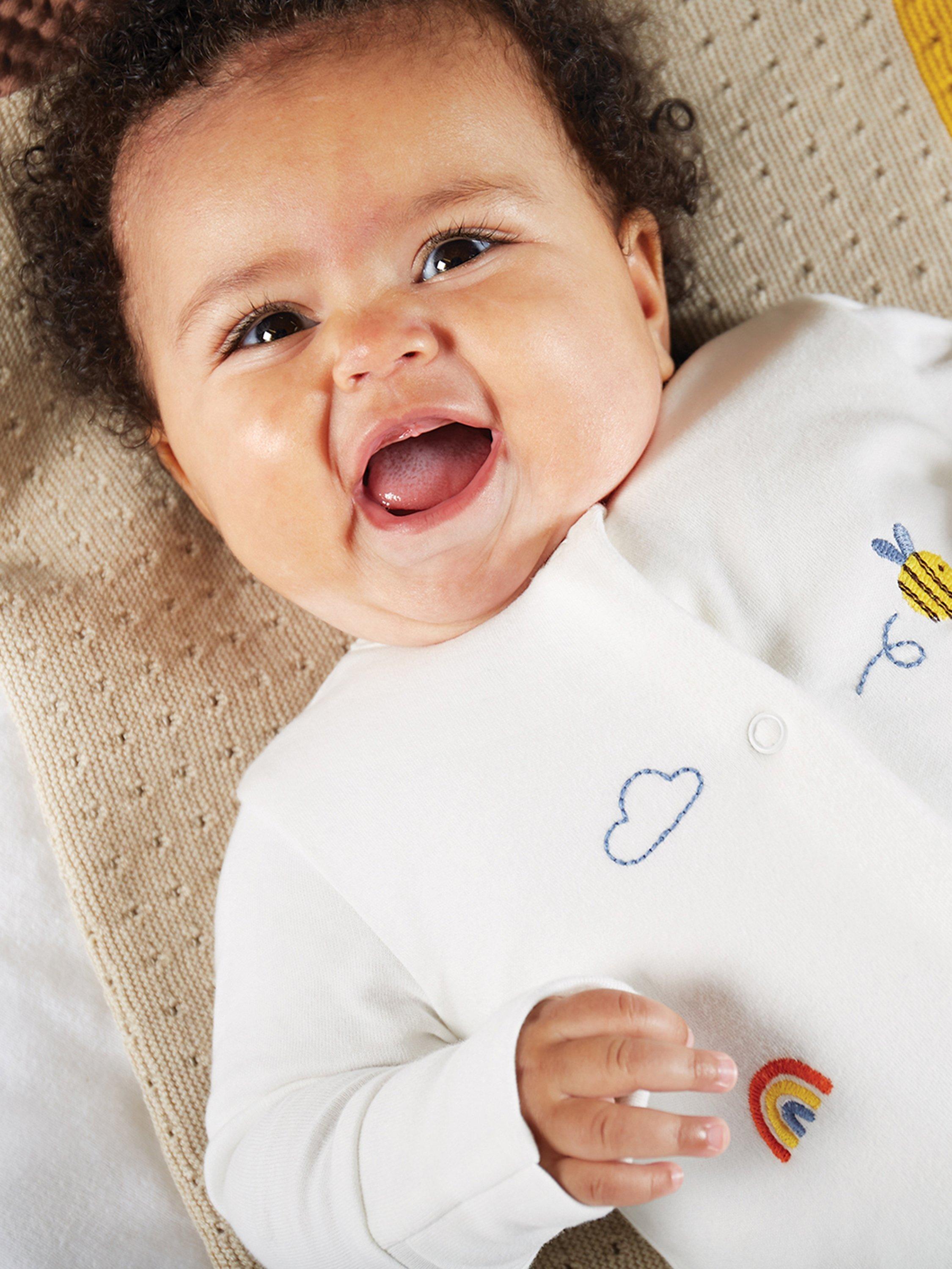 Product image 6 of 6, which shows Frugi Baby Buzzy Bee Organic Cotton Embroidered Babygrow, White/Multi, 12-18 months