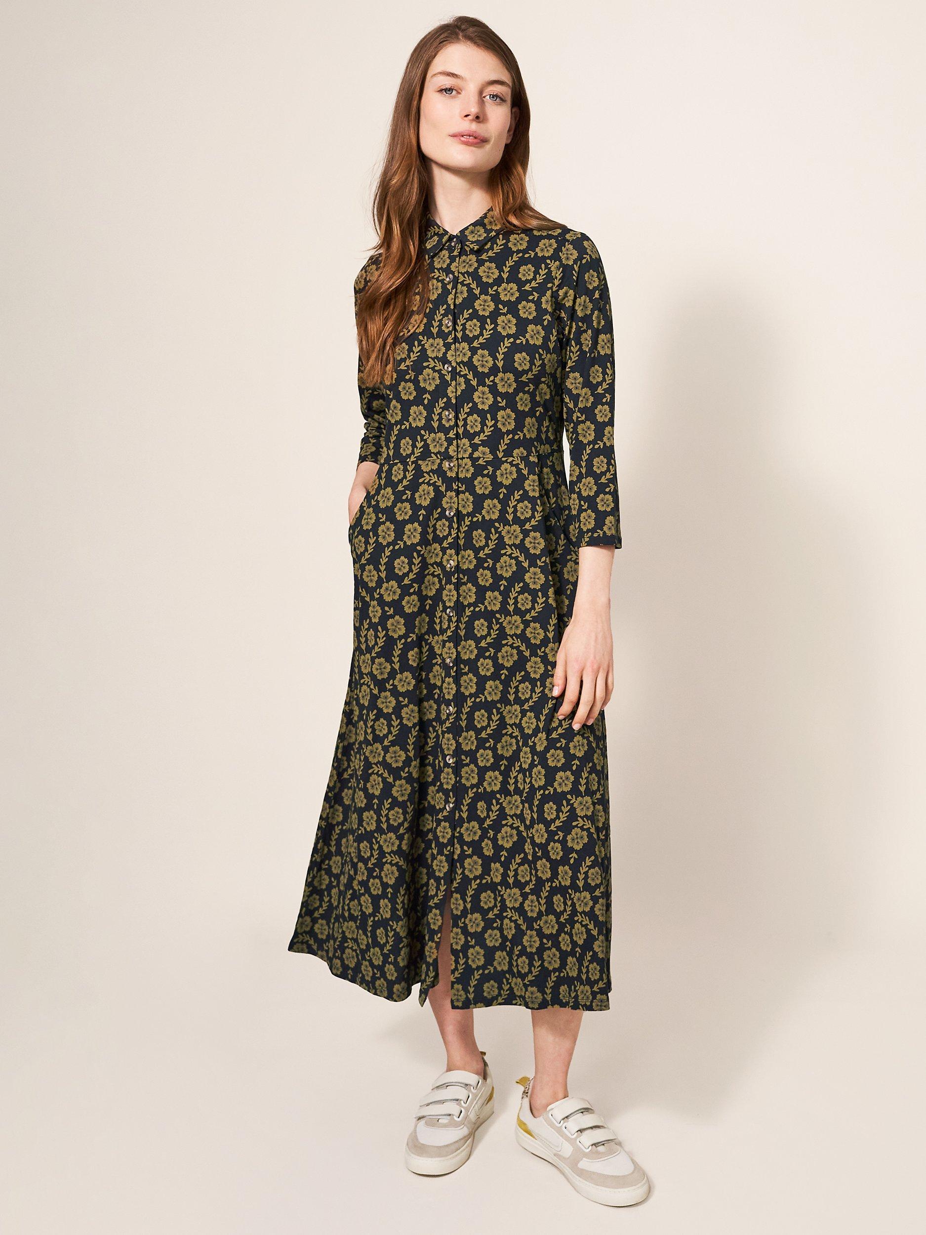 White Stuff Rua Floral Print Jersey Shirt Dress, Green