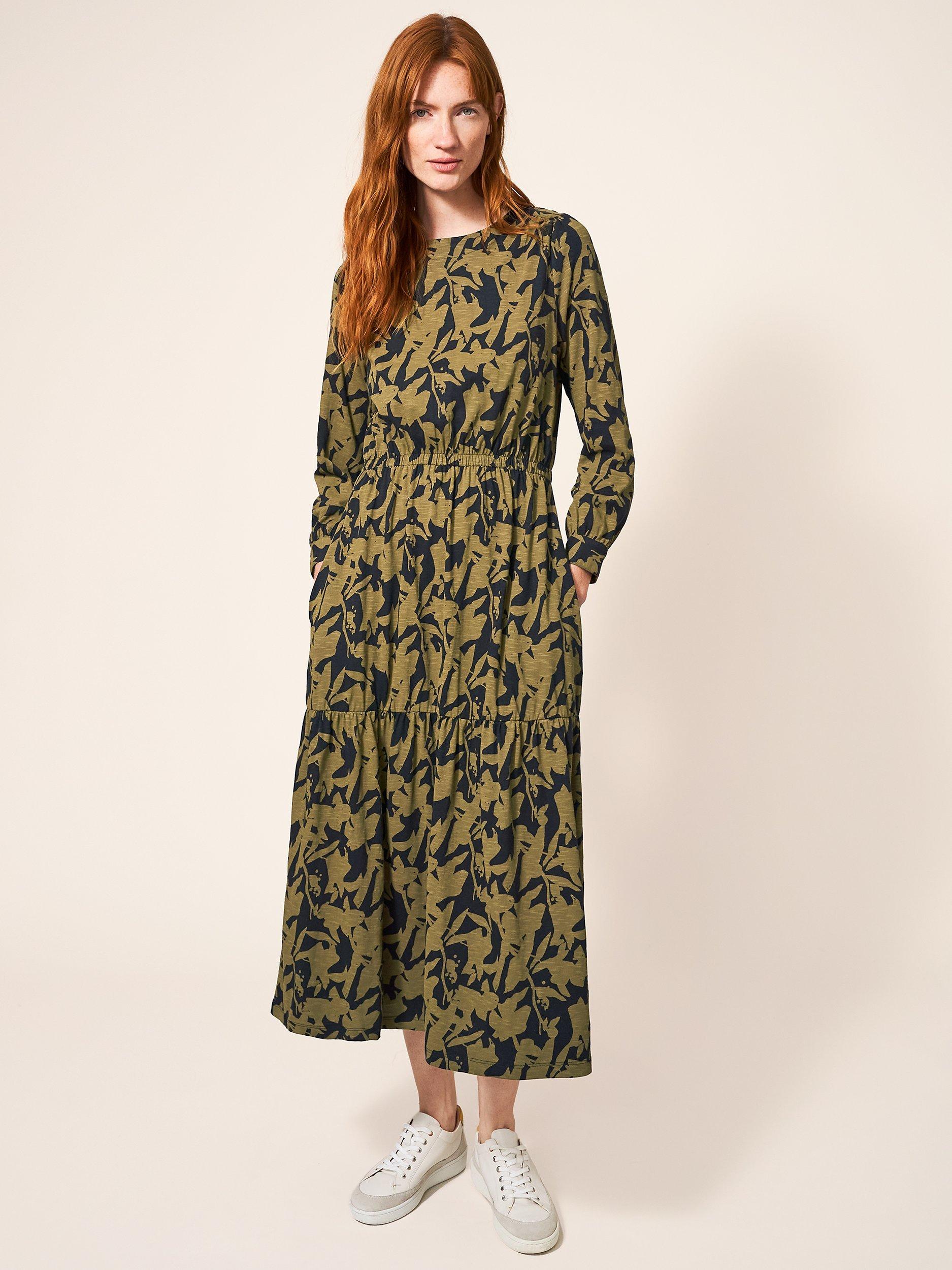White Stuff Olive Cotton Midi Jersey Dress, Black/Green