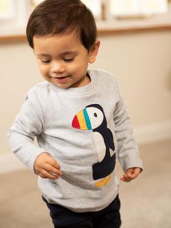 Frugi Baby Magic Number 1 Organic Cotton Puffin T-Shirt, Grey Marl/Multi, Grey Marl/Multi