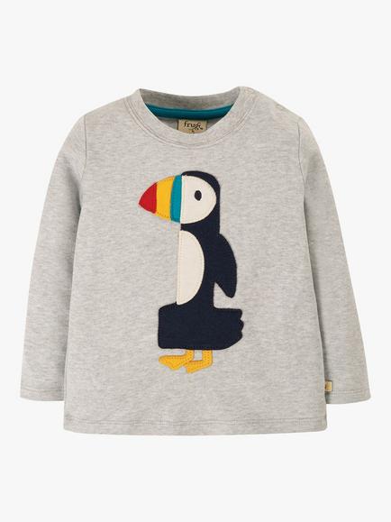 Frugi Baby Magic Number 1 Organic Cotton Puffin T-Shirt, Grey Marl/Multi - view 2, Grey Marl/Multi