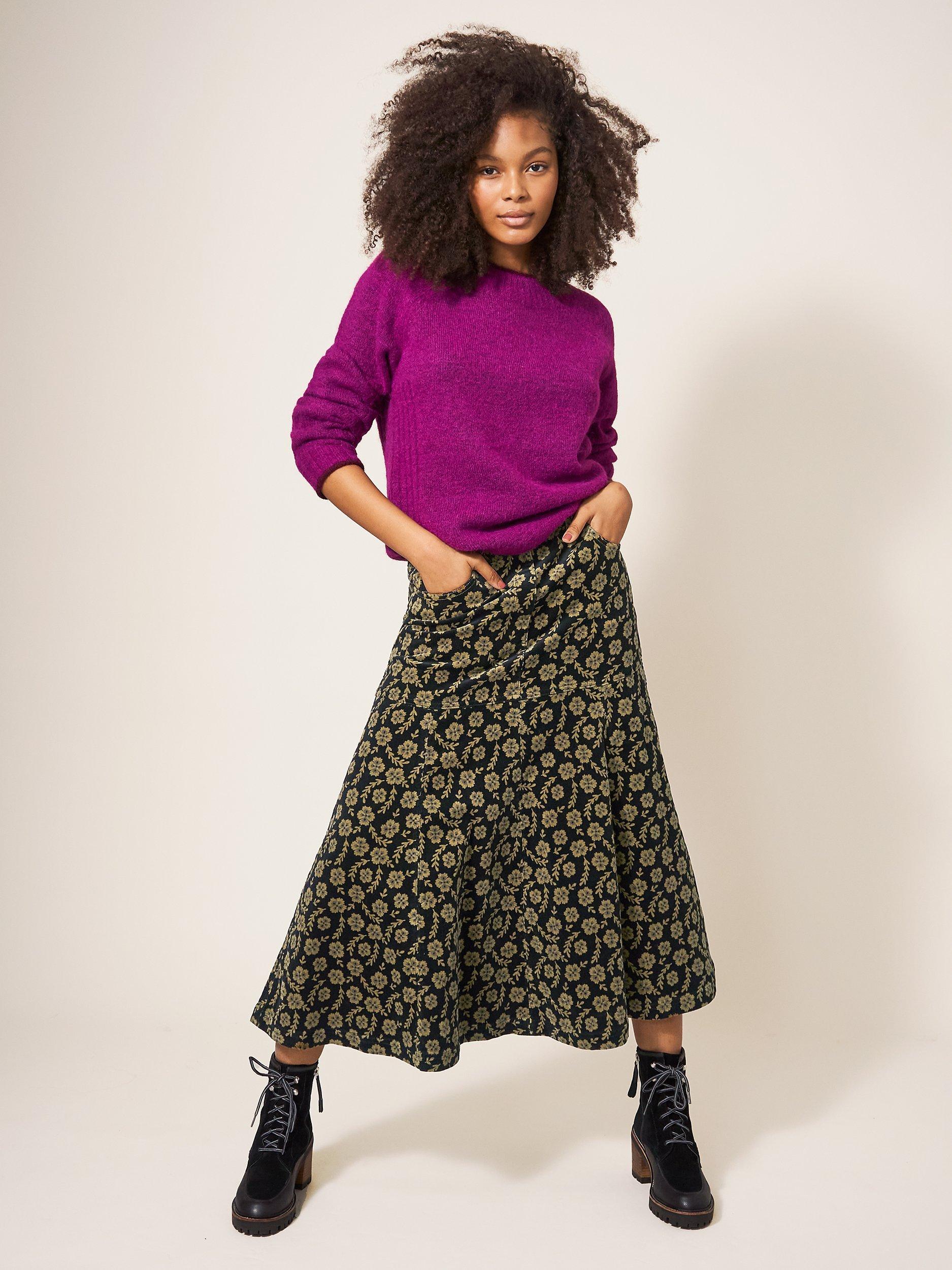 White Stuff Floral Organic Cotton Blend Corduroy Skirt Green