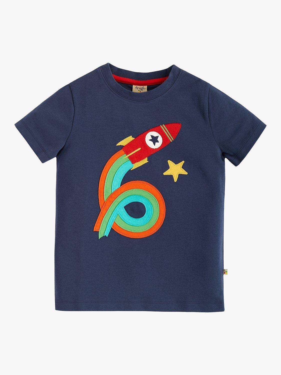 Product image 2 of 3, which shows Frugi Kids' Magic Number 6 Organic Cotton Rocket T-shirt, Indigo/Multi, 6-7 years