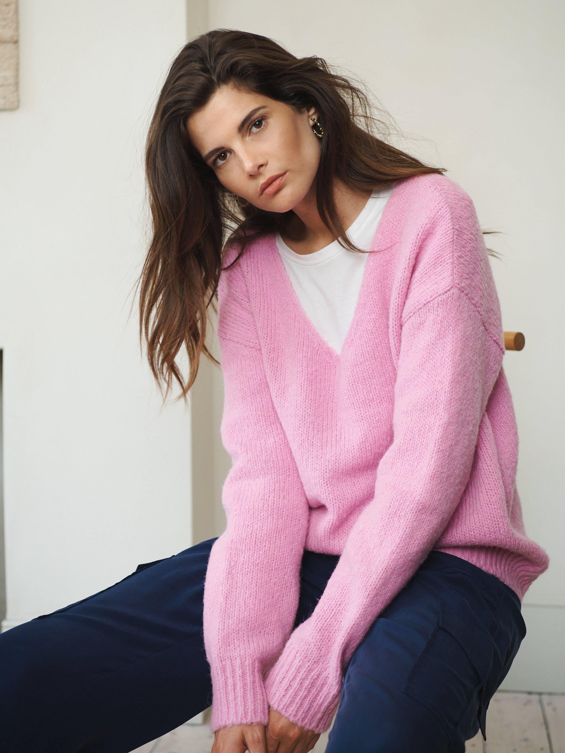 NRBY Millie Plain Chunky V-Neck Knit Jumper, Pink Sorbet