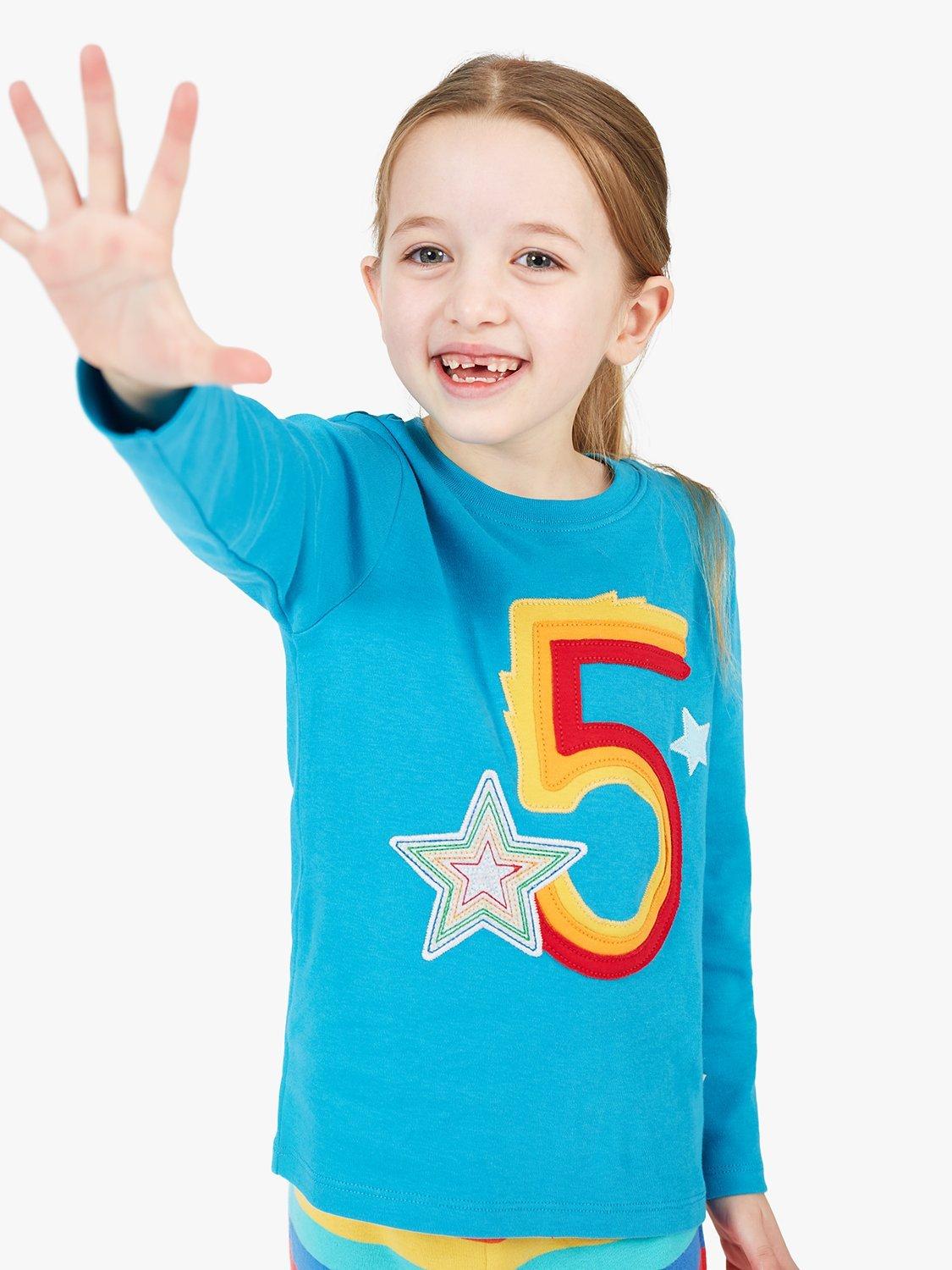 Product image 1 of 3, which shows Frugi Kids' Magic Number 5 Organic Cotton Star T-shirt, Tobermory Teal/Multi, 5-6 years