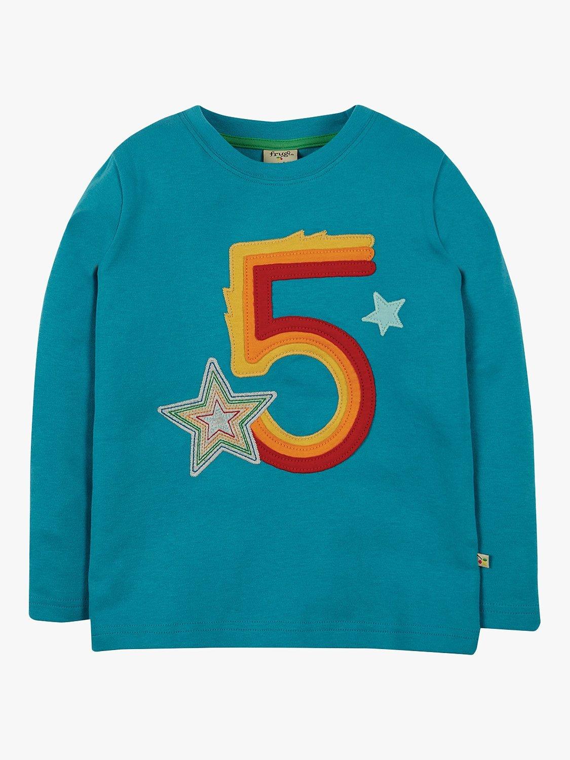 Product image 2 of 3, which shows Frugi Kids' Magic Number 5 Organic Cotton Star T-shirt, Tobermory Teal/Multi, 5-6 years
