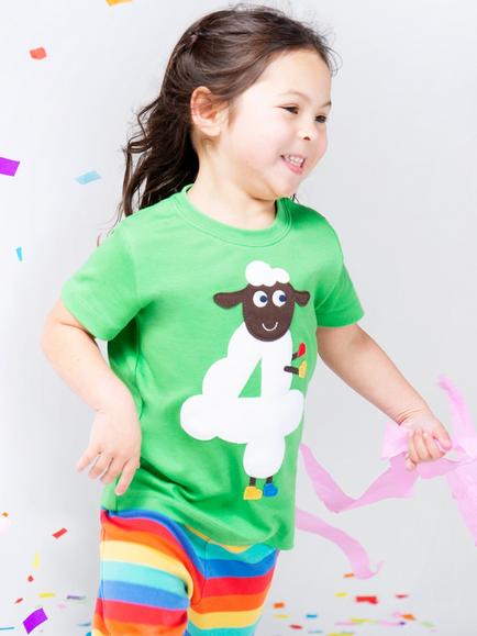 Frugi Kids' Magic Number 4 Organic Cotton Sheep T-shirt, Fjord Green/Multi, Fjord Green/Multi