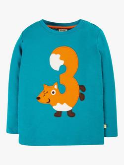 Frugi Kids' Magic Number 3 Organic Cotton Fox T-shirt, Tobermory Teal/Multi - view 2, Tobermory Teal/Multi