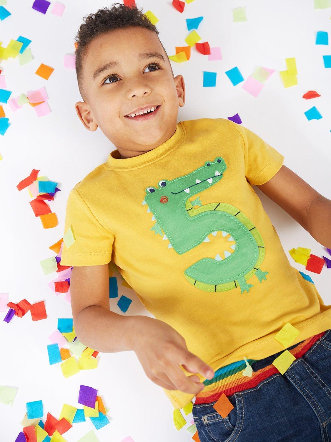 Product image 1 of 3, which shows Frugi Kids' Magic Number 5 Organic Cotton Crocodile T-shirt, Bumble Bee Yellow/Multi, Organic