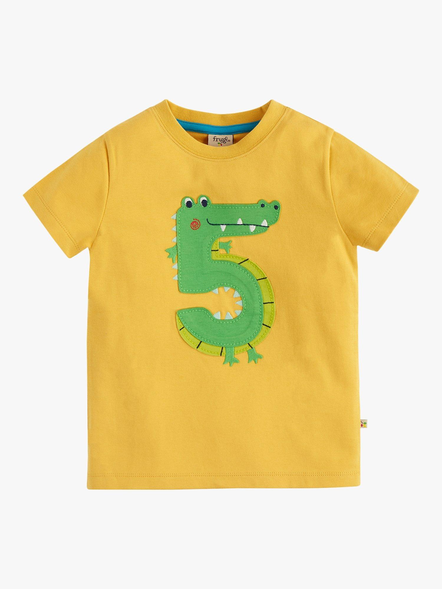 Product image 2 of 3, which shows Frugi Kids' Magic Number 5 Organic Cotton Crocodile T-shirt, Bumble Bee Yellow/Multi, Organic