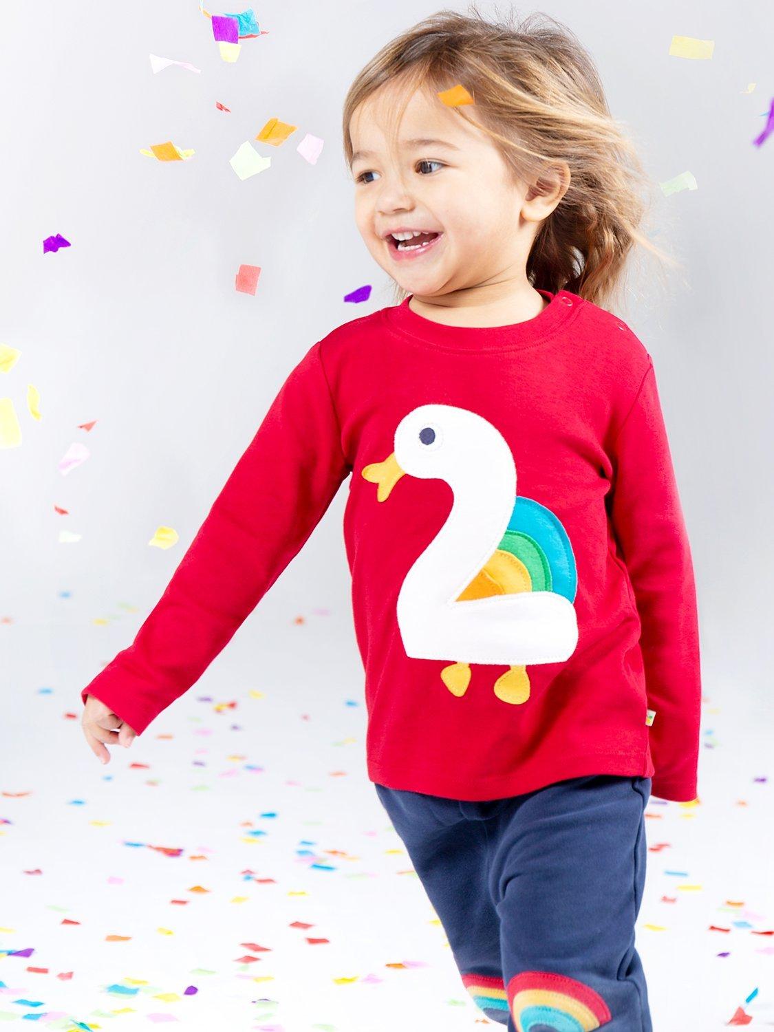 Product image 1 of 3, which shows Frugi Kids' Magic Number 2 Organic Cotton Duck T-shirt, Tango Red/Multi, 2-3 years