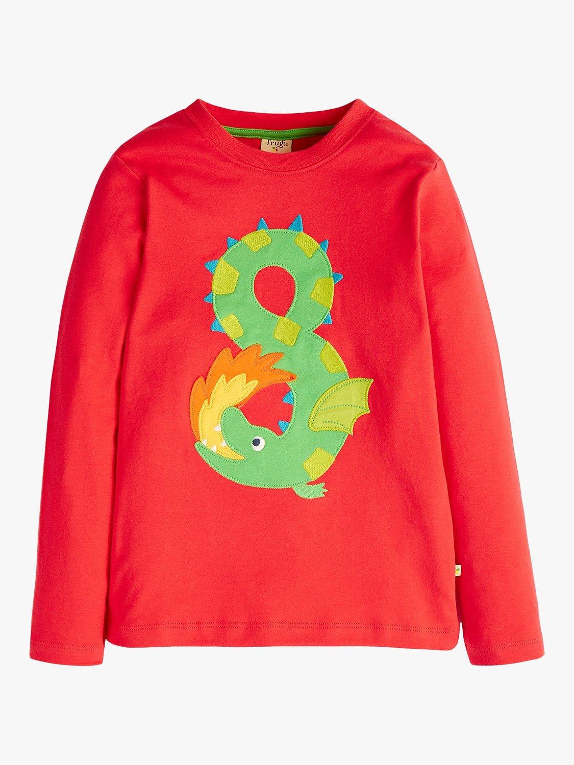 Product image 1 of 2, which shows Frugi Kids' Magic Number 8 Organic Cotton Dragon T-shirt, True Red/Multi, 8-9 years