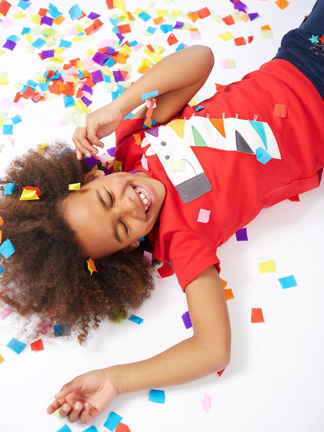 Product image 1 of 3, which shows Frugi Kids' Magic Number 7 Organic Cotton Zebra T-shirt, True Red/Multi, 7-8 years