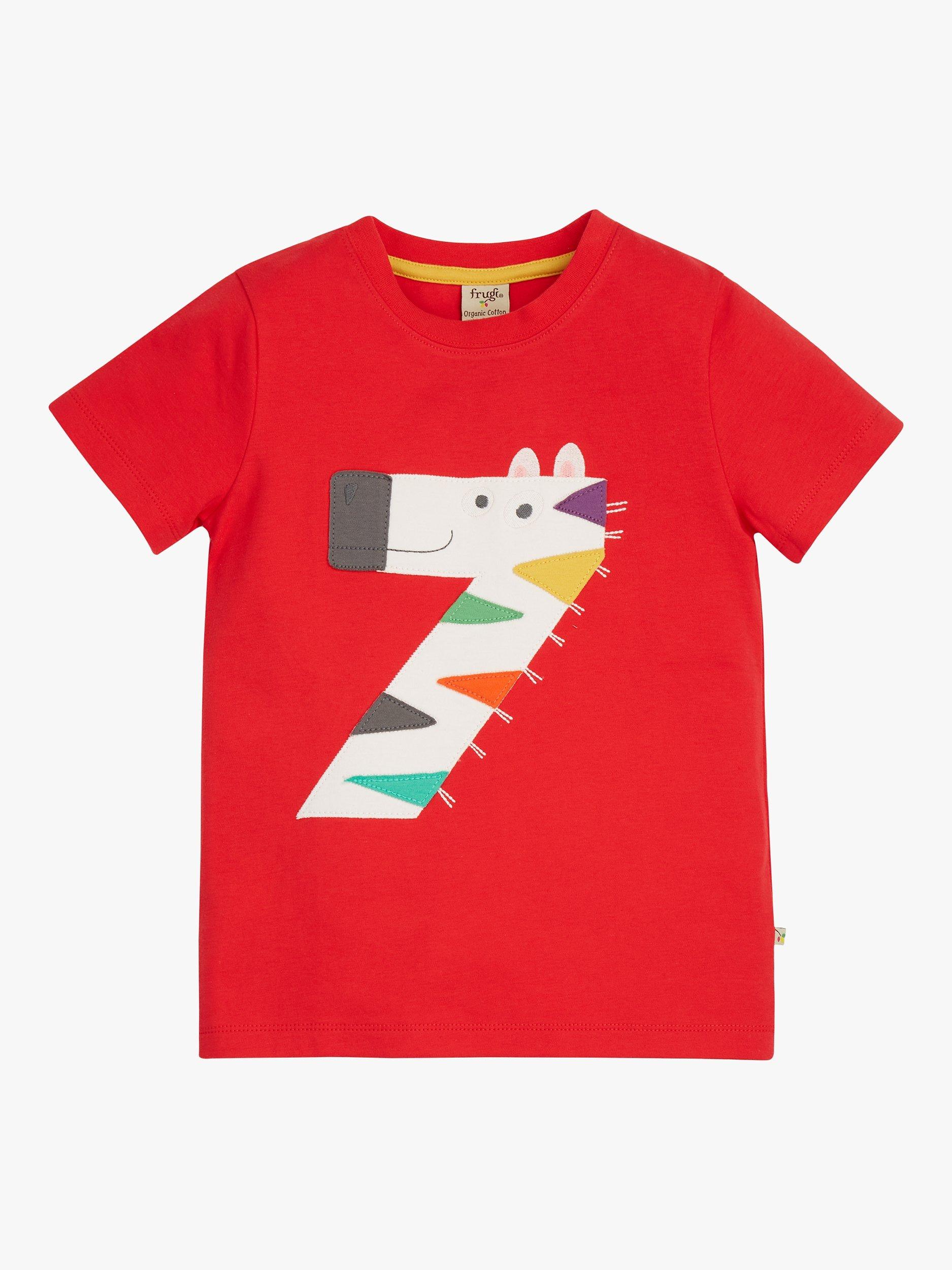 Product image 2 of 3, which shows Frugi Kids' Magic Number 7 Organic Cotton Zebra T-shirt, True Red/Multi, 7-8 years