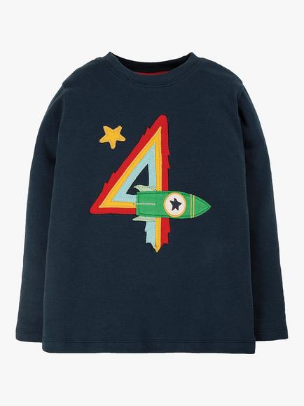 Frugi Kids' Magic Number 4 Organic Cotton Rocket T-shirt, Indigo/Multi - view 2, Indigo/Multi