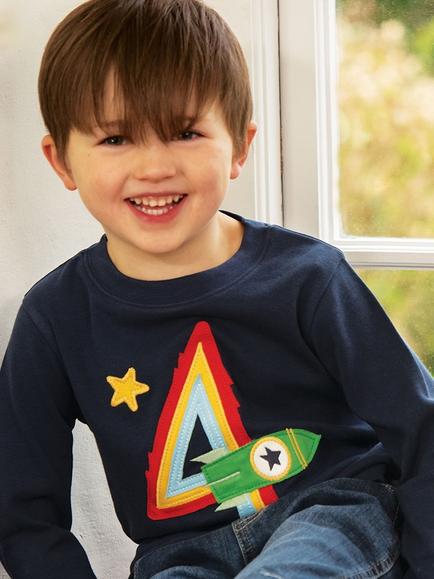 Frugi Kids' Magic Number 4 Organic Cotton Rocket T-shirt, Indigo/Multi, Indigo/Multi