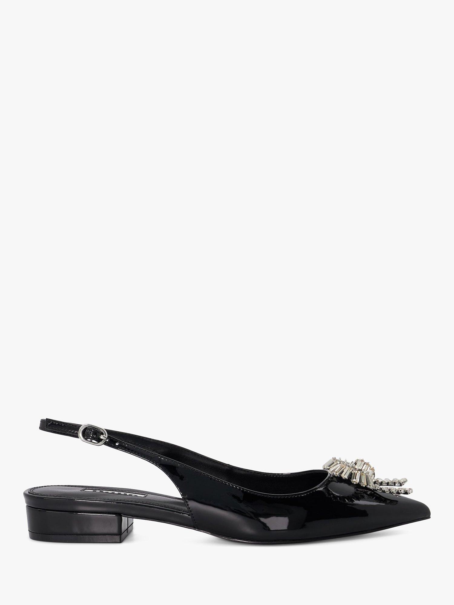Product image 1 of 4, which shows Dune London Happiest Embellished Bow Low Heel Slingbacks, Black Patent, 8