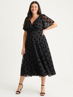 Scarlett & Jo Victoria Spot Print Angel Sleeve Midi Dress, Black Flock, Black Flock