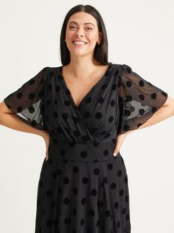 Scarlett & Jo Victoria Spot Print Angel Sleeve Midi Dress, Black Flock - view 2, Black Flock