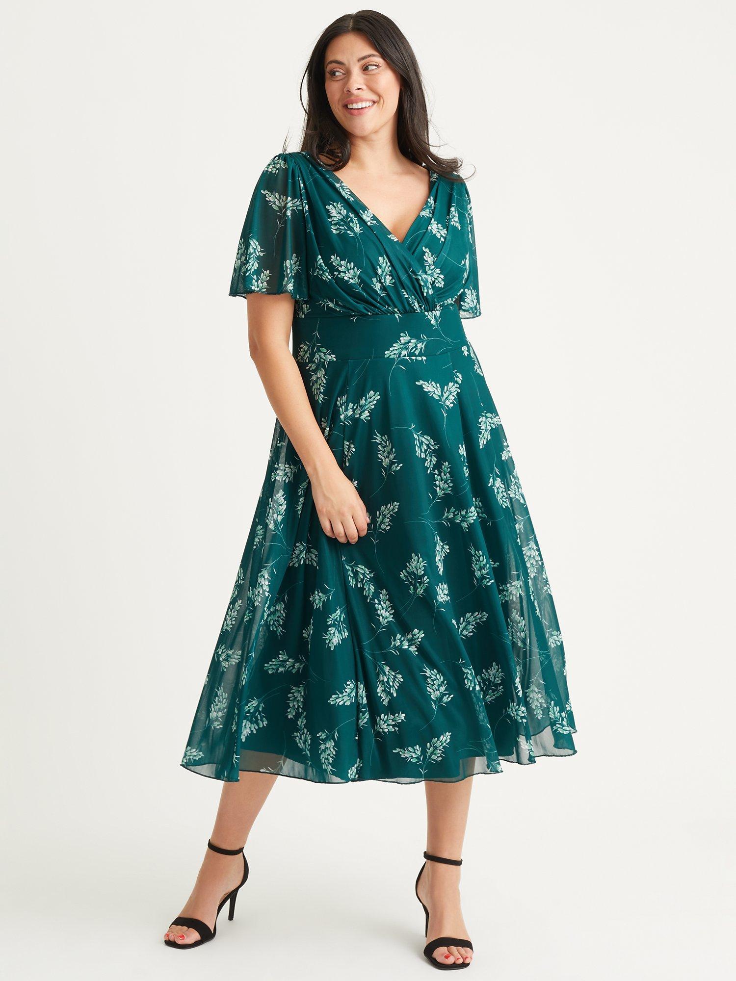 Scarlett & Jo Victoria Floral Angel Sleeve Mesh Midi Dress, Bottle Green