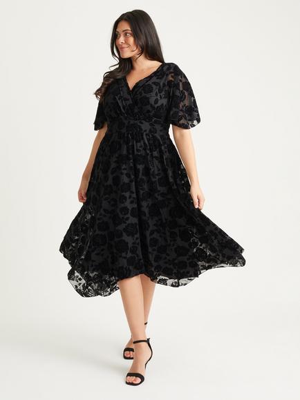 Scarlett & Jo Julie Flock Hanky Hem Midi Dress, Black, Black