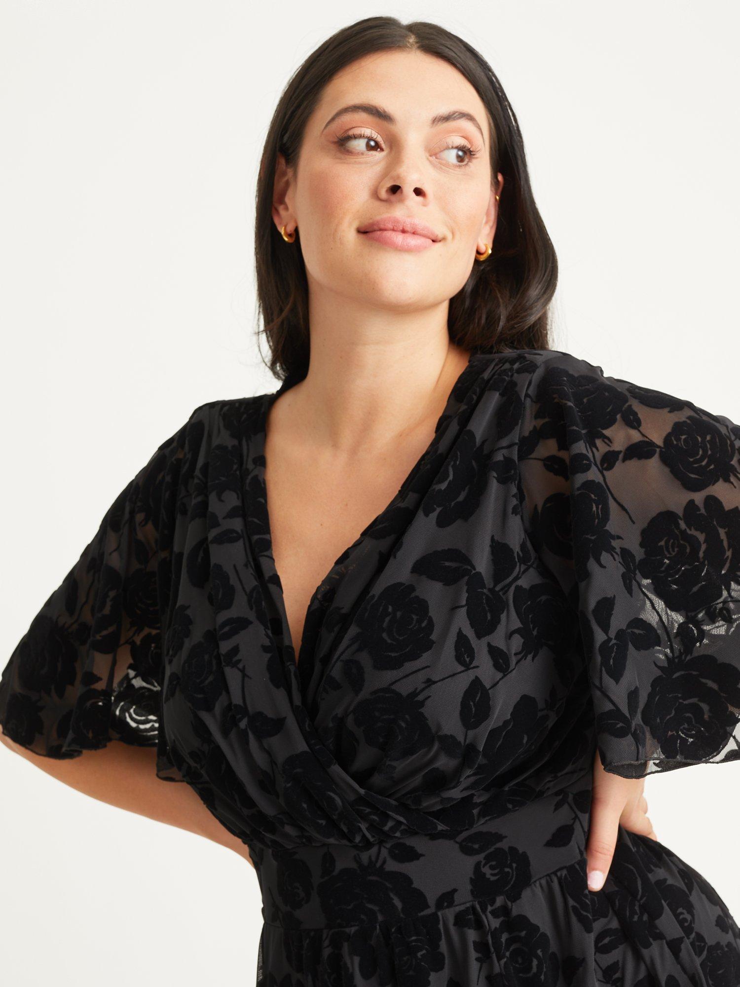 Product image 2 of 5, which shows Scarlett & Jo Julie Flock Hanky Hem Midi Dress, Black, 12