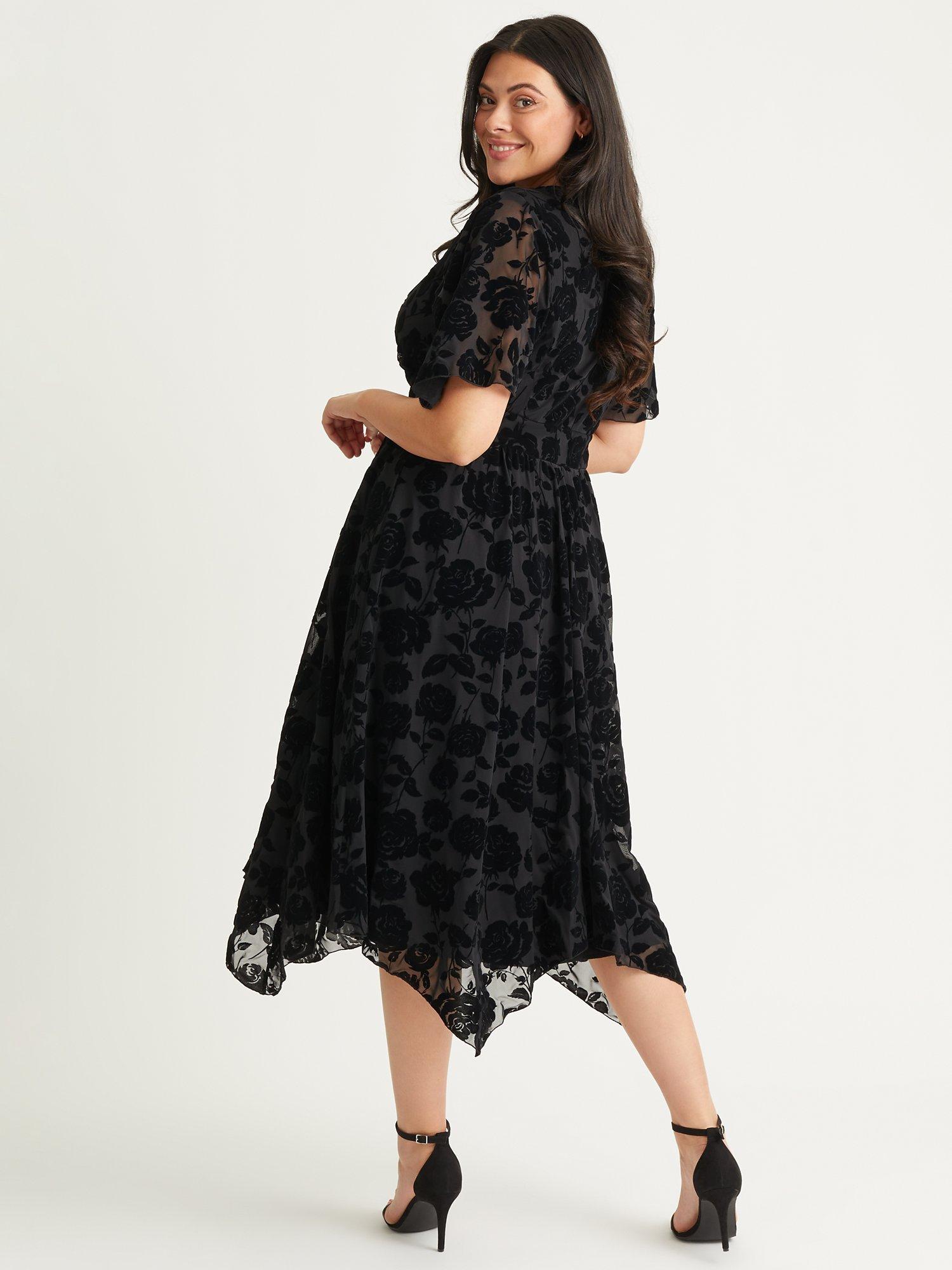 Product image 3 of 5, which shows Scarlett & Jo Julie Flock Hanky Hem Midi Dress, Black, 12