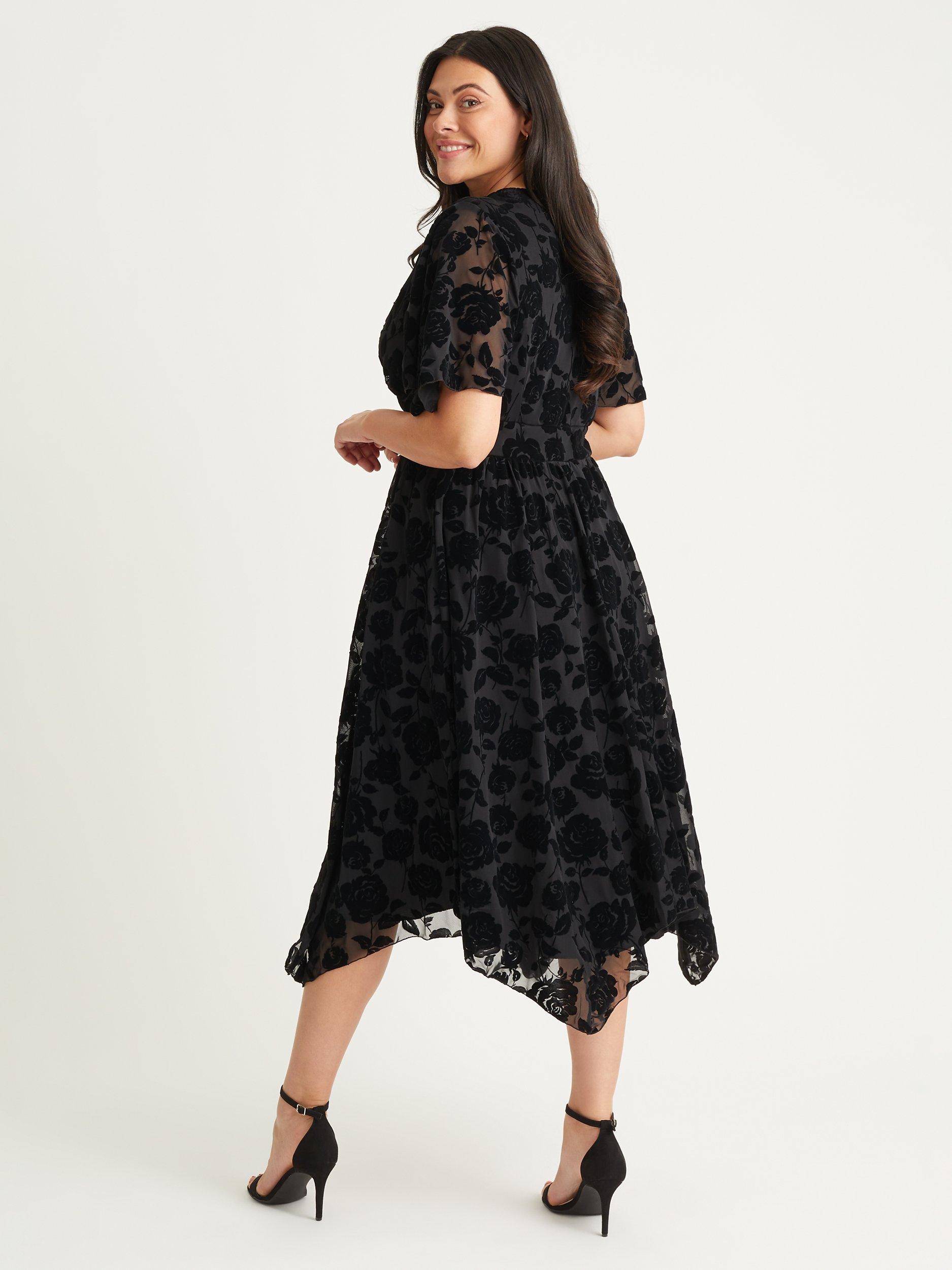 Product image 4 of 5, which shows Scarlett & Jo Julie Flock Hanky Hem Midi Dress, Black, 12