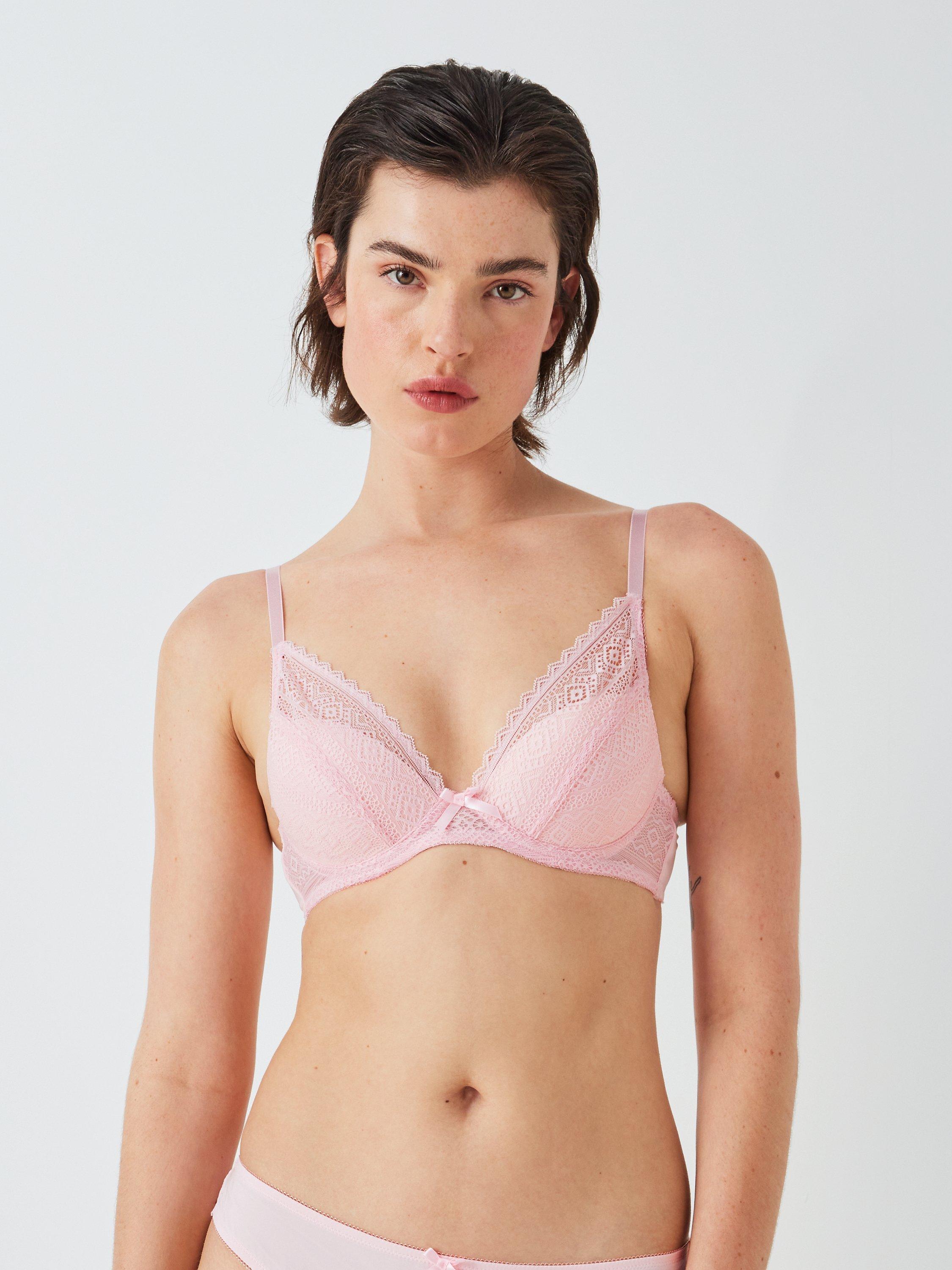 Product image 1 of 6, which shows John Lewis Felicity Padded Lace Plunge Bra, Light Pink, 34F